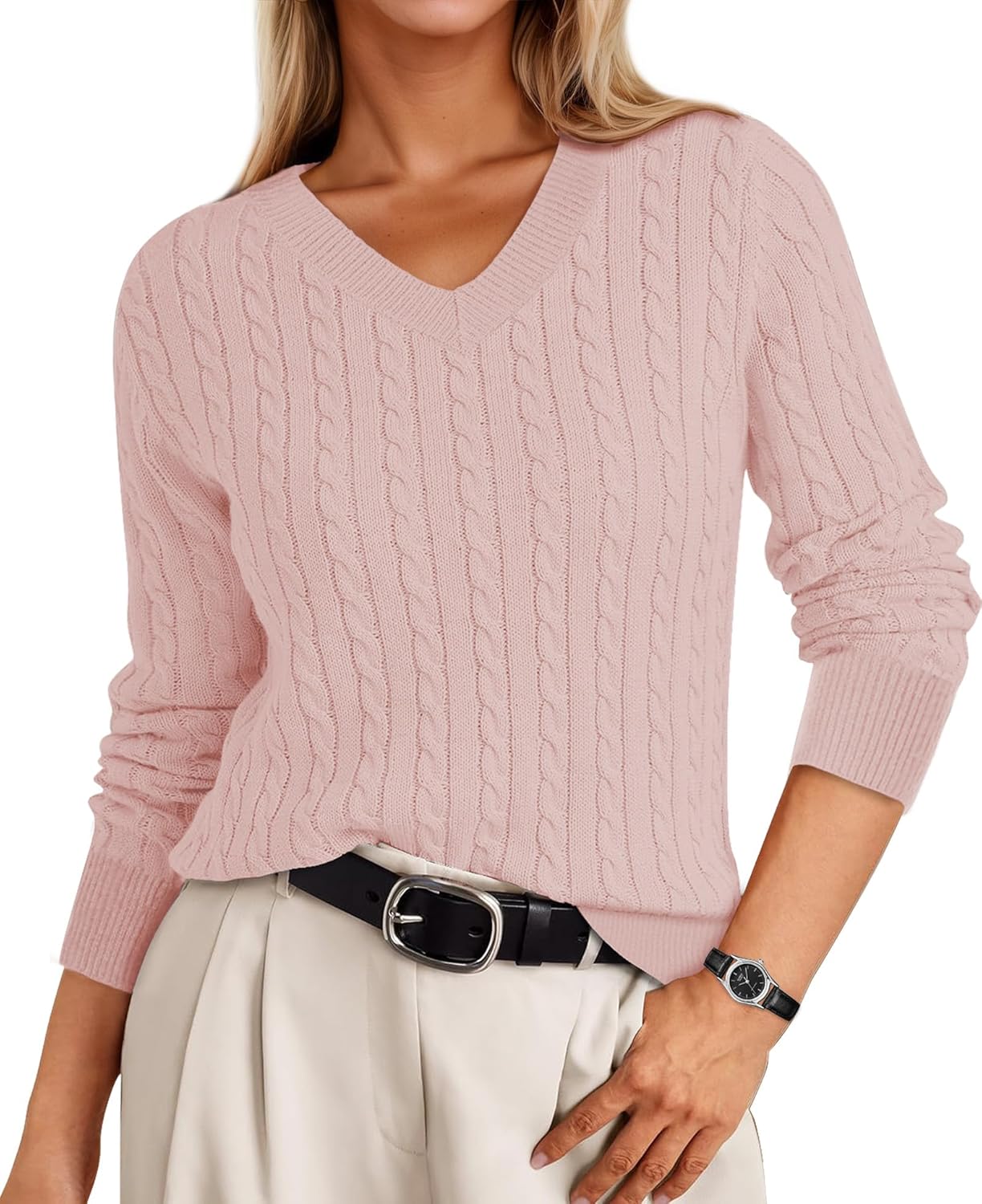 Cable Knit Sweater Women V Neck Tops for Women Long Sleeve Pullover Clothes Casual Trendy Outfits