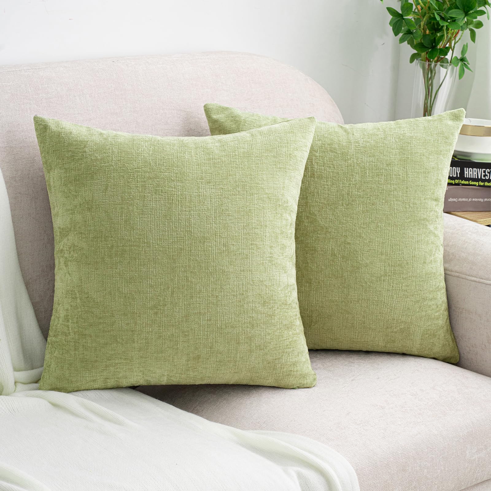 HWY 50 Sage Green Couch Pillow Covers 18x18 Inch Pack of 2 Soft Chenille Decorative Throw Pillow Cases