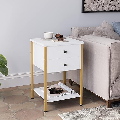 Miniatura 7 de Senfot Mesa auxiliar con cajones mesita de noche de madera mesa auxiliar moderna con almacenamiento para sala de estar dormitorio blanco
