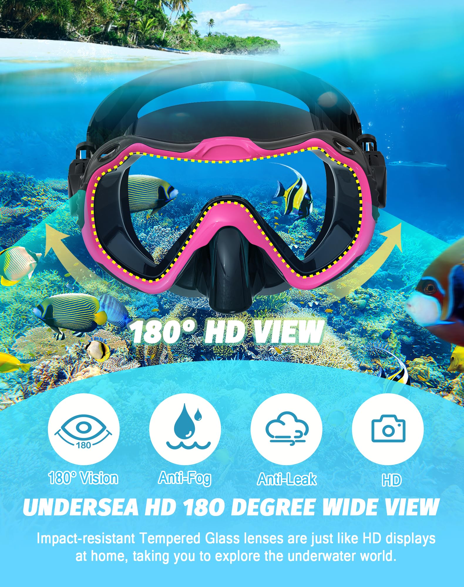Sprzęt do nurkowania dla dorosłych, zestaw masek do snorkelingu 180°, panoramiczny widok sprzęt do nurkowania, 100% silikon klasy spożywczej, przeciwmgielna, przeciw wyciekom, sucha maska do
