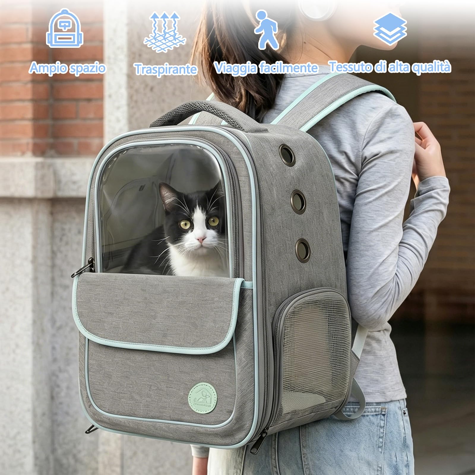 Galatée Zaino Per Animali Domestici, In Tessuto Oxford Traspirante Per Cani e Gatti, Con Pannello Trasparente Per Ridurre l'Ansia, Pieghevole e Capiente, Con Aperture Frontali e Laterali (Grigio)