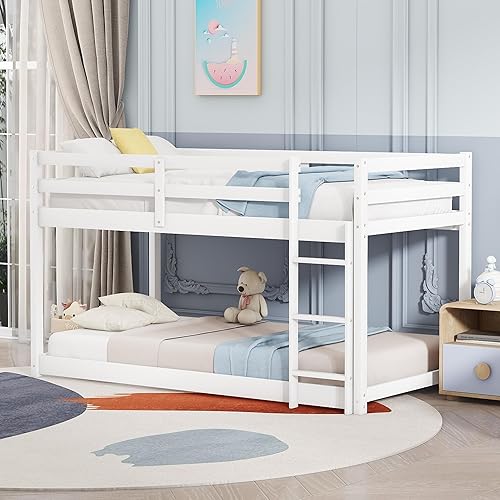 Miniatura 10 de Harper & Bright Designs Litera baja individual sobre individual, litera de madera individual para niños con escalera, marco de litera de suelo para