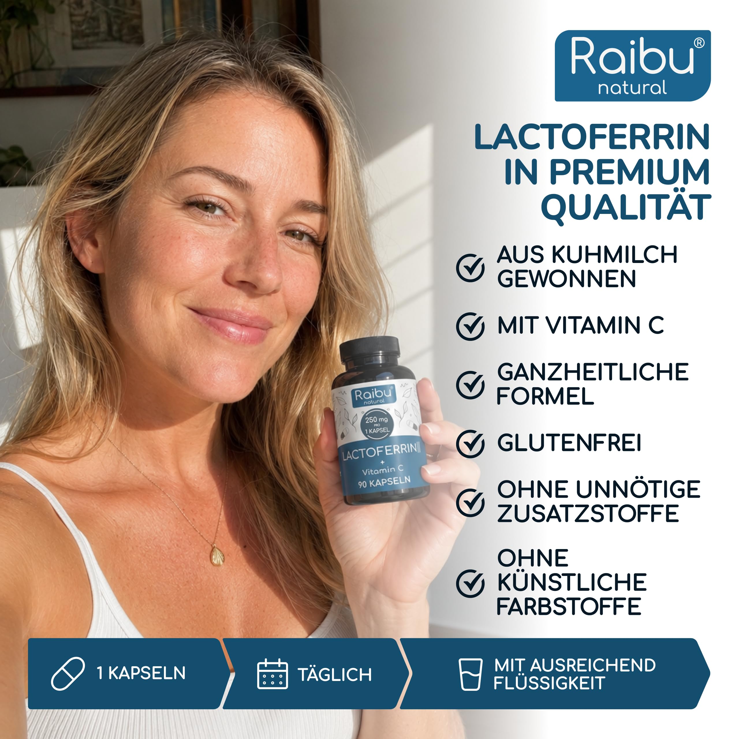 Lactoferrin 250 mg pro Kapsel - 90 Kapseln: 3 Monate Vorrat - mit 60 mg Vitamin C - für Eisenaufnahme & Immunsystem - hochdosiert mit >95% Lactoferrin - 1 Kapsel täglich, ohne Zusatzstoffe