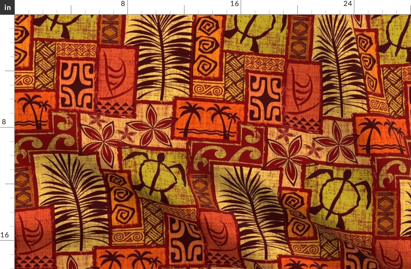 Spoonflower Fabric - Red Hawaiian Tiki Tropical Polynesian Turtle Floral Waves Palm Leaves Printed on Organic Cotton Sateen Fabric by The Yard - Sewing Quilting Apparel Home Decor
