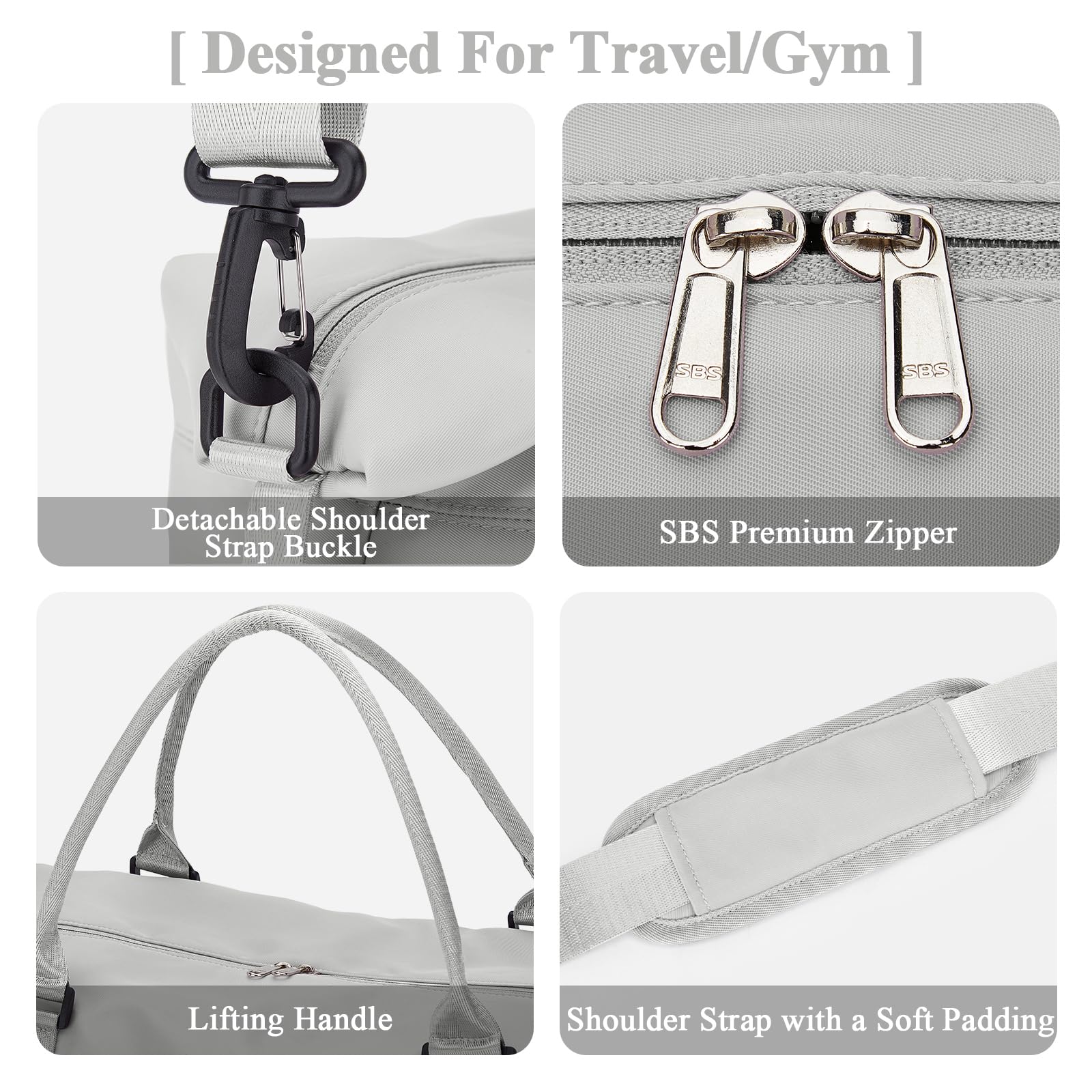 SEAFEW Bolsa de Viaje 40x20x25 para Ryanair,Impermeable Bolsa de Deporte para Gimnasio,Bolsa de Mano Equipaje de Fin de Semana 40x30x20 para Mujer,Bolso de Natación para Playa,D15-Gris Claro — view 8