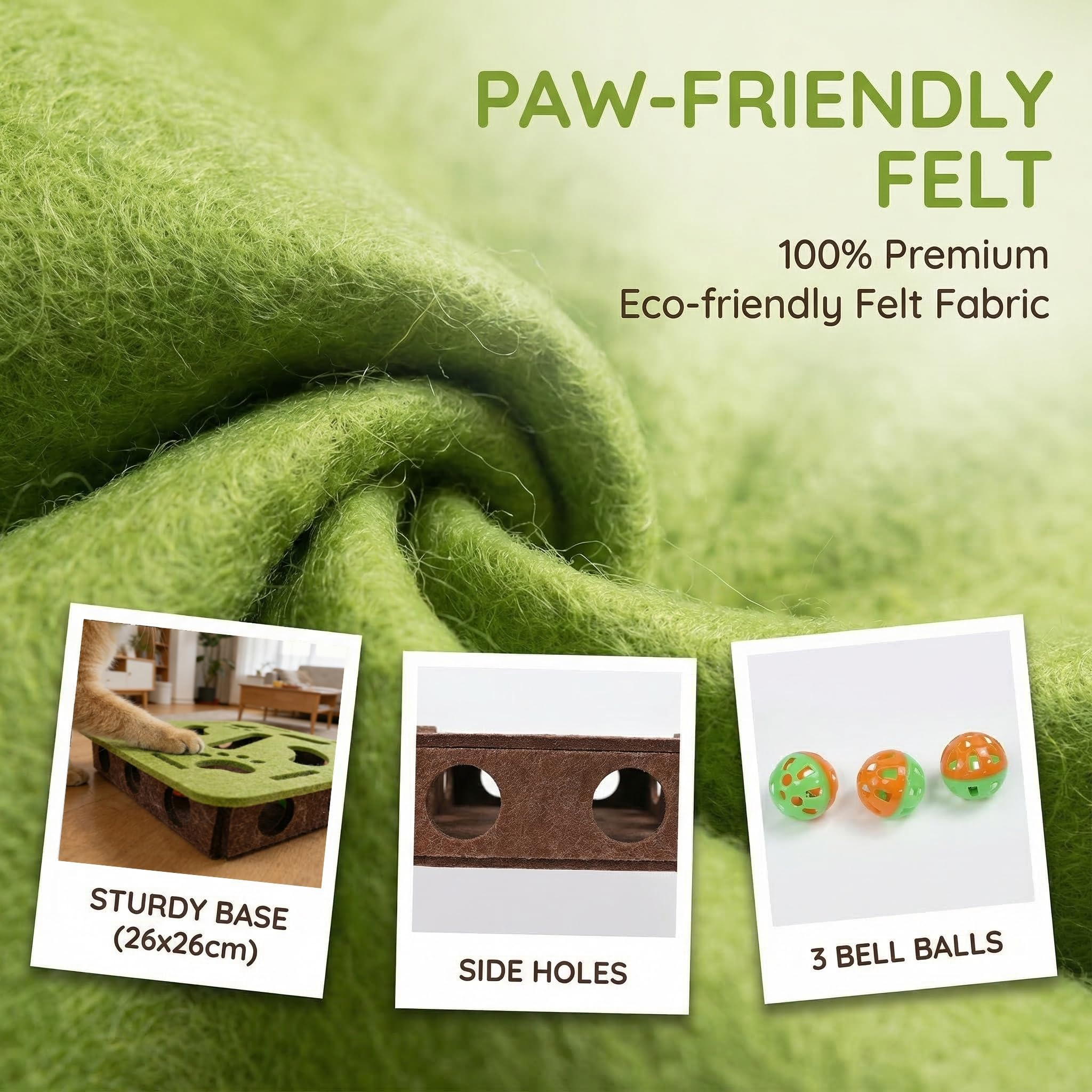 Labyrinthe Jouet en Feutre pour Chat Vert/Marron - 30 x 30 x 7 cm avec 3 Boules Cloches Boîte à gratter Puzzle interactif en Feutre Fenêtre Interactive pour Chats et Chatons