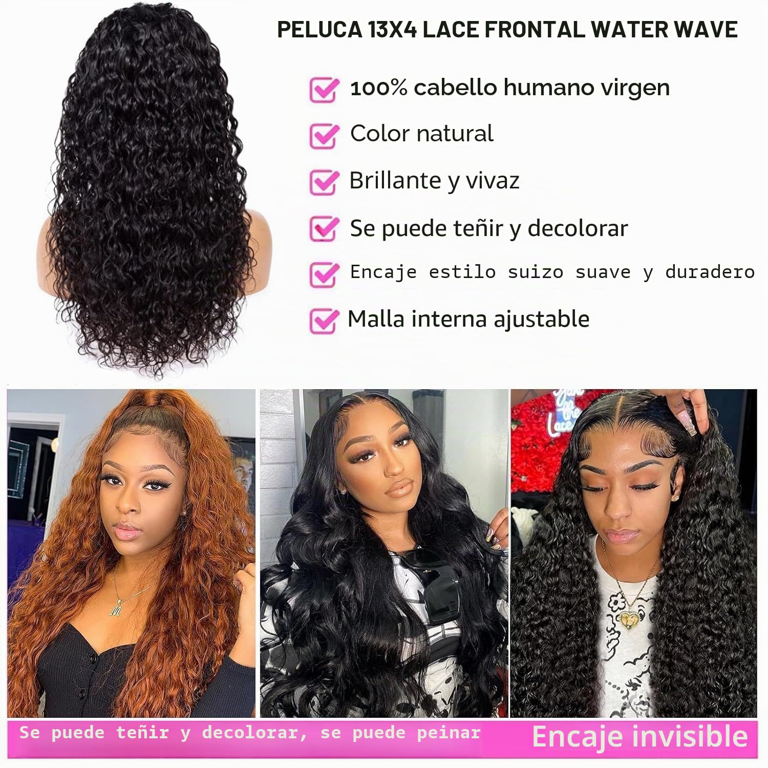 Peluca Brasileña Natural 13x4 Lace Frontal Water Wave Wig Pelucas Mujer Pelo Rizado Peluca Brasileña Cabello Humano Natural Wavy Free Part 150% Density 16 Pulgadas Color Negro Natural