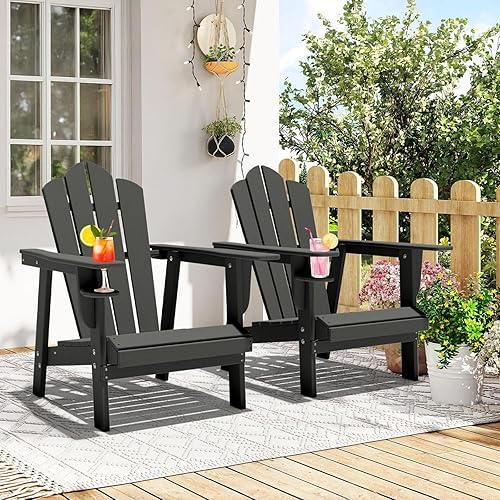 PROHIKER Adirondack Chair Set of 2, HDPE Outdoor Patio Chair with Cup Holder All Weather Outdoor Chairs for Lawn Garden Porch Backyard, Plastic, Gray
