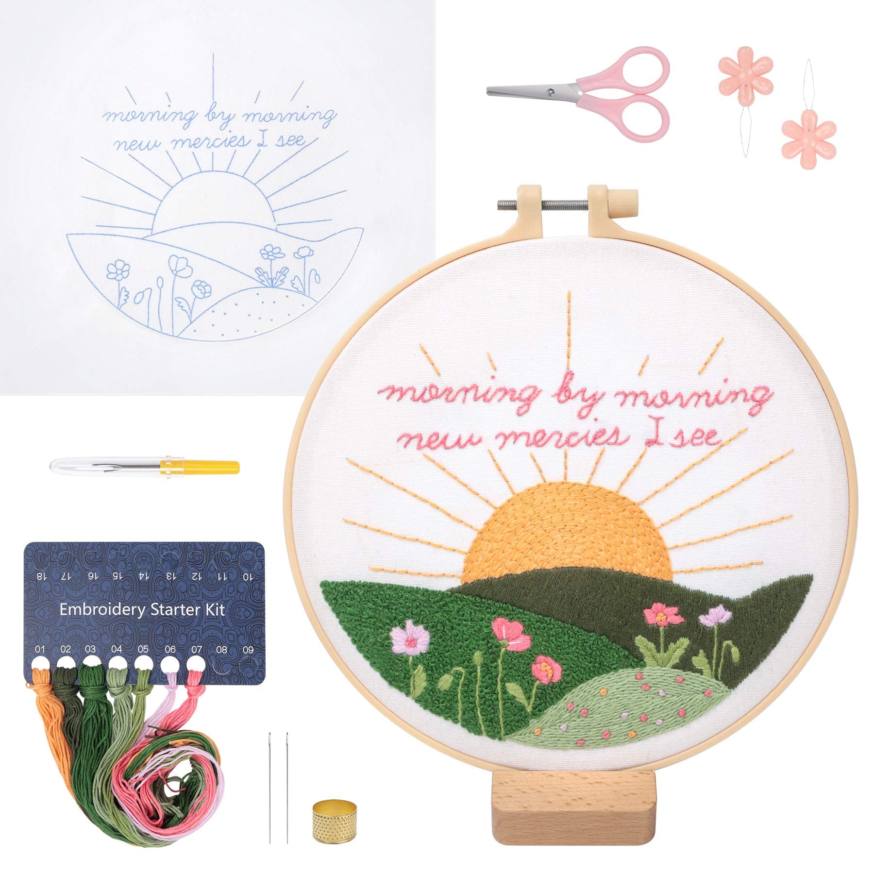 BREENHILL Christian Embroidery Kit for Beginners, Easy Embroidery Kit for Beginners and Adults, Full Embroidery Hoop Kit with Needles and Thread Included (New Morning Mercies)
