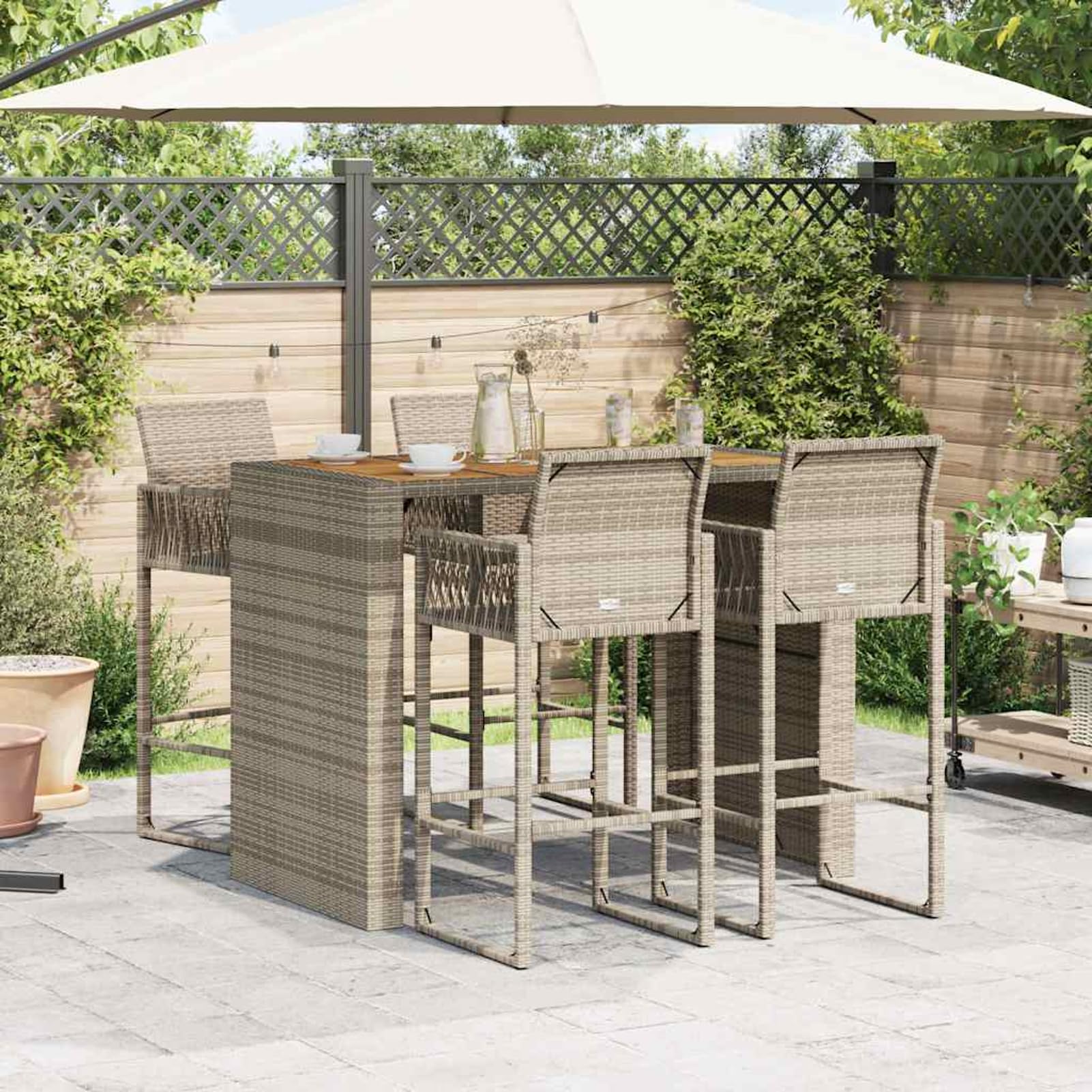 Homgoday Set Bar jardín sin Cojines 5 pzas ratán sintético Acacia Gris Barra Jardin Barra Bar Exterior mesas Altas y taburetes Dimensiones 145 cm