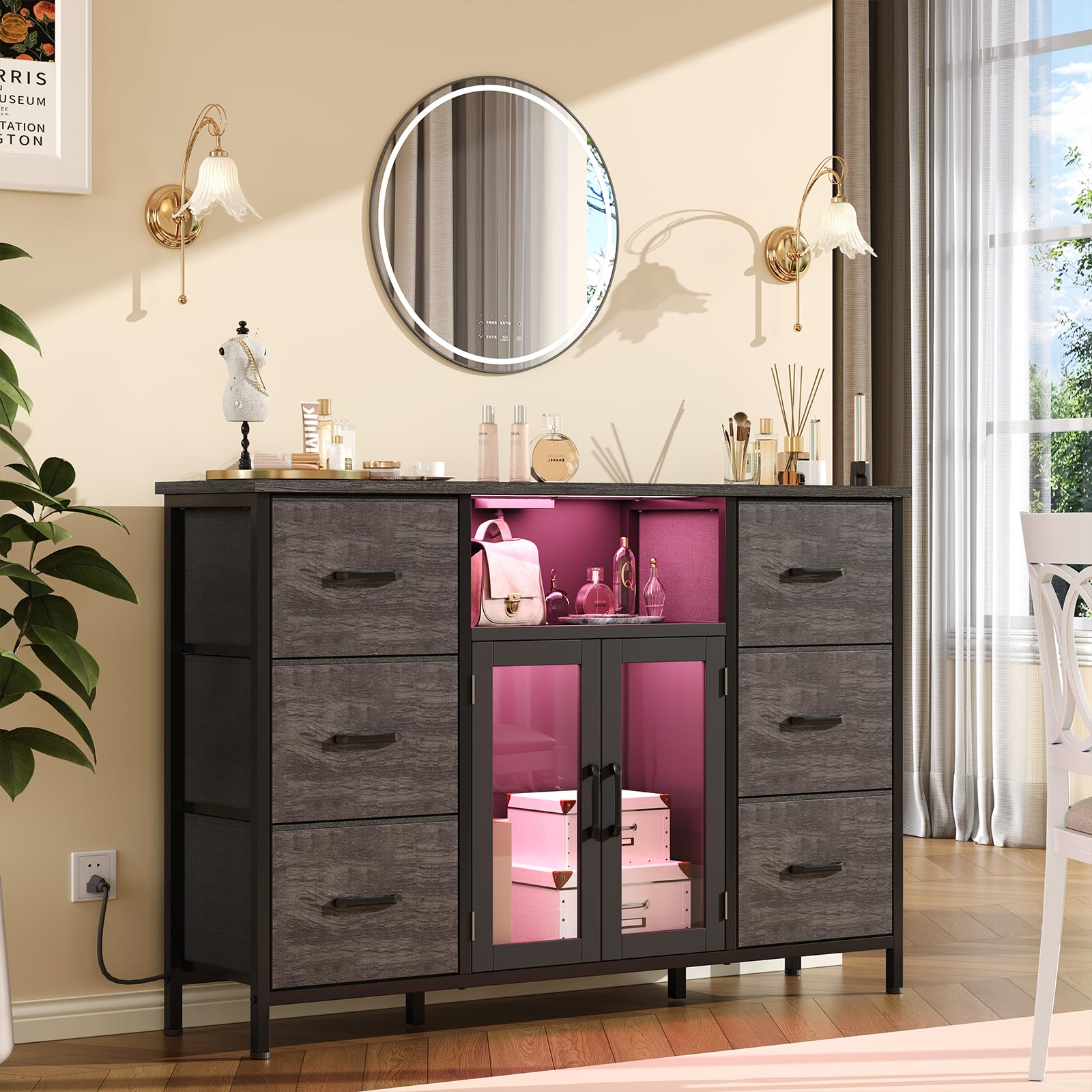 Dresser for Bedroom with Charging Station & LED Lights, Grey 6 Drawer Dresser with Adjustable Feet, Wide Anti-Tip TV Stand for 60" TV, Fabric Chest of Drawers Storage Organizer for Closet, Living Room