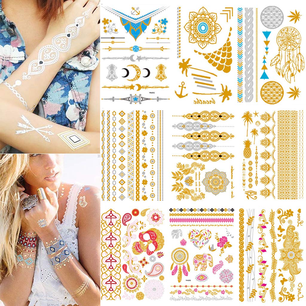 CARGEN 9 Sheets Mandala Metallic Tattoos Gold Tattoos Temporary Body Stickers Fake Tattoos for Women Sexy Tattoos for Women