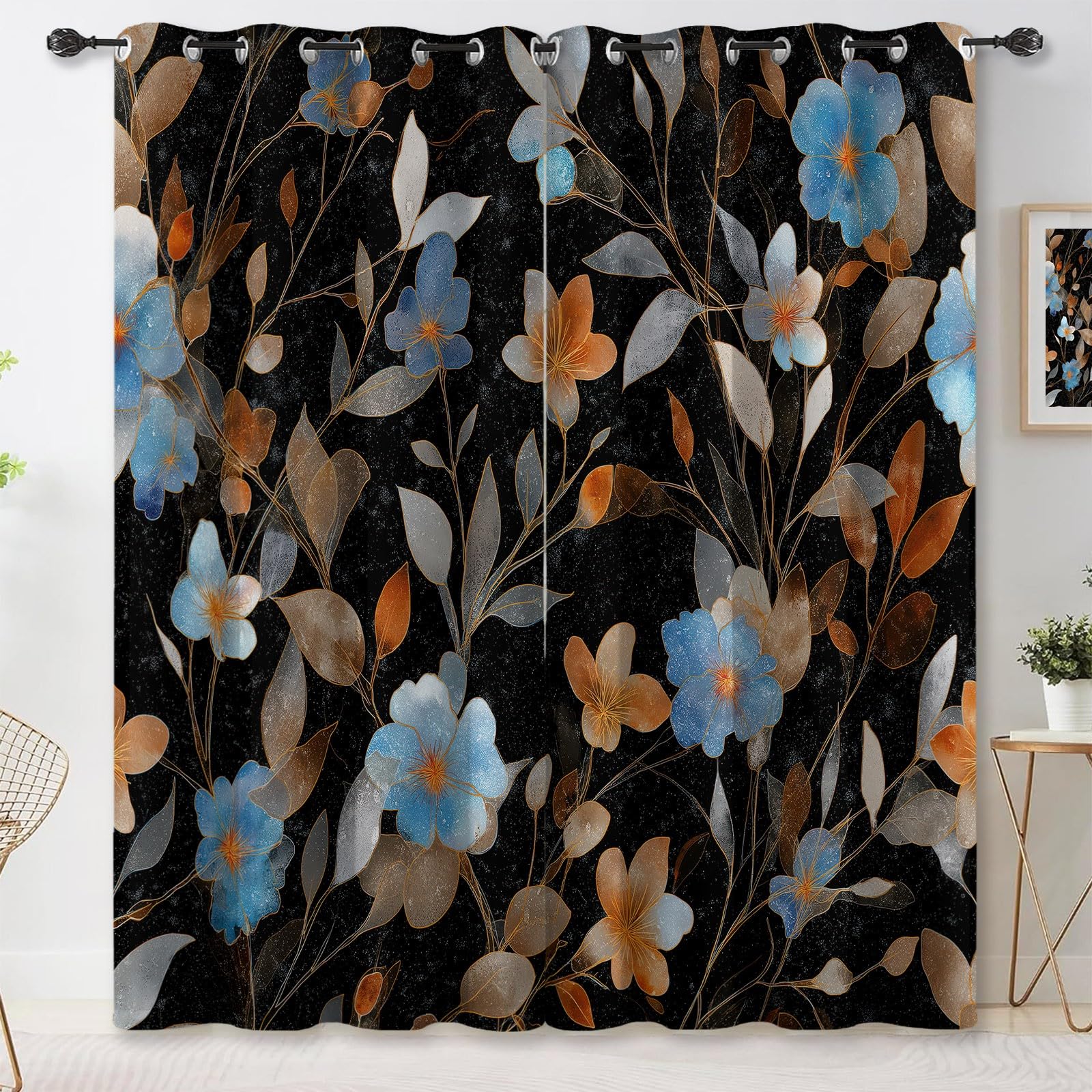 Generisch Natur Landhausstil Verdunkelungsvorhang, Aquarell Blume Blatt Bedruckter Wärmeisoliert Vorhänge mit Ösen, Schwarz Vorhang für Schlafzimmer Wohnzimmer, H140 x B90 cm x 2 Vorhänge