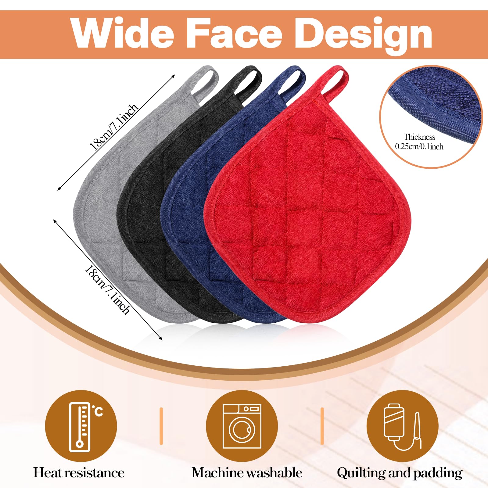 SHENLIU 24 presine in cotone per cucina, 17,8 x 17,8 cm, resistenti al calore, 4 colori, lavabili con passanti per appenderli, per cucinare in forno, nero, grigio, blu, rosso