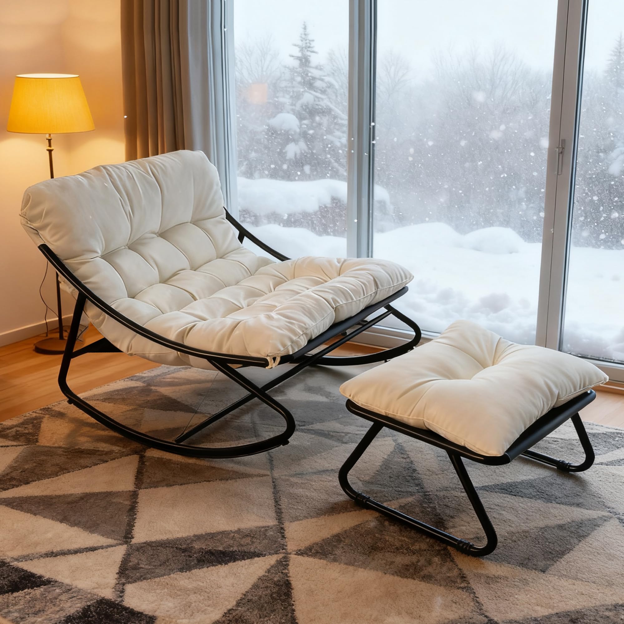 Schaukelstuhl Ergonomisch mit Fußstütze, XXL Schwingsessel mit Kissen, Schaukelstuhl Garten Schaukelsessel Wohnzimmer Relaxstuhl, Weich, bis 150 kg, Schaukelliege für Schlafzimmer Balkon (Weiß)