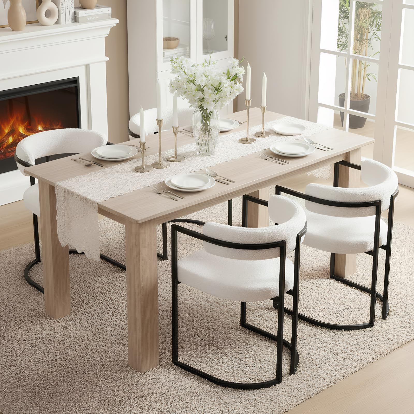 QUINJAY White Sherpa Dining Chairs Set of 4, Modern Boucle Barrel Dining Chairs with Comfy Back, Upholstered Dining Room Chair Accent Armchair Kitchen