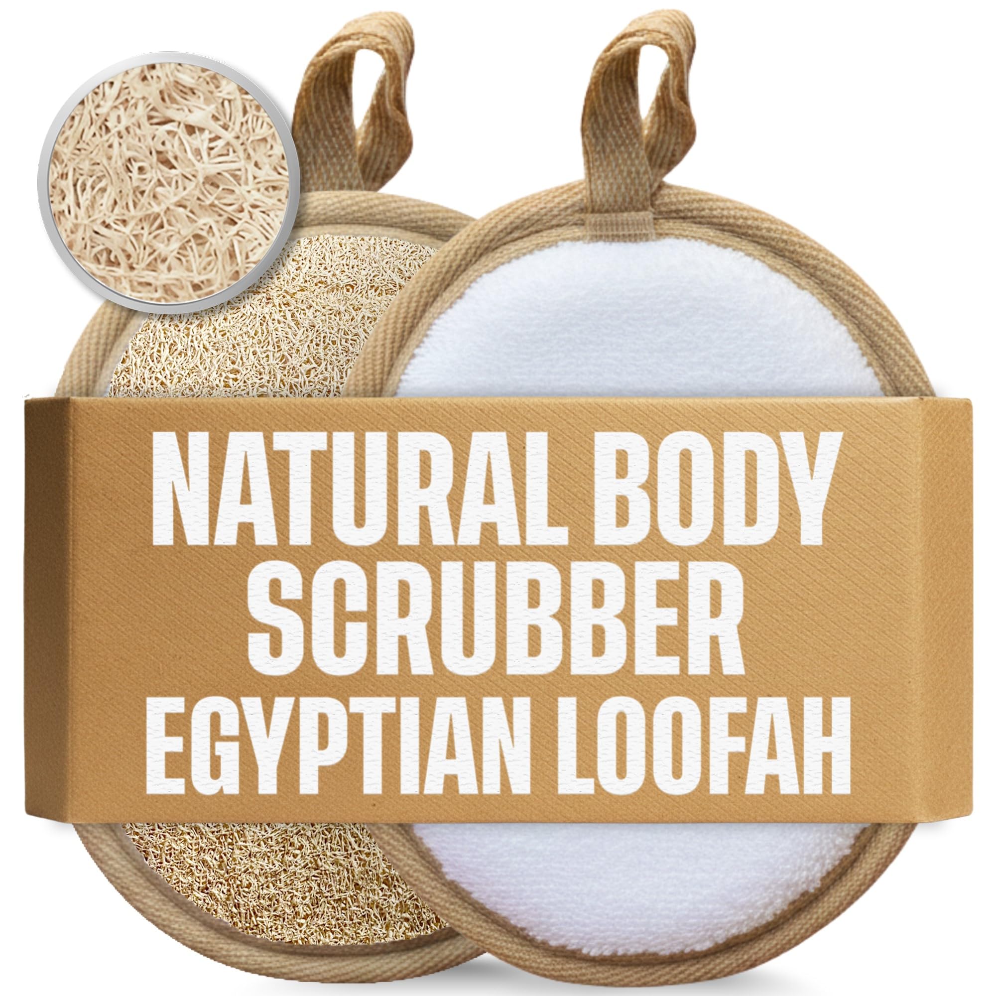 Egyptian Natural Loofah Pad Exfoliating Body Scrubber - Vegan Double Sided Luffa Sponges Deep Clean Your Body, Face & Back While an Exfoliating Washcloth Side Removes Oils - 6.9 x 4.7 Inches, 2 Pack