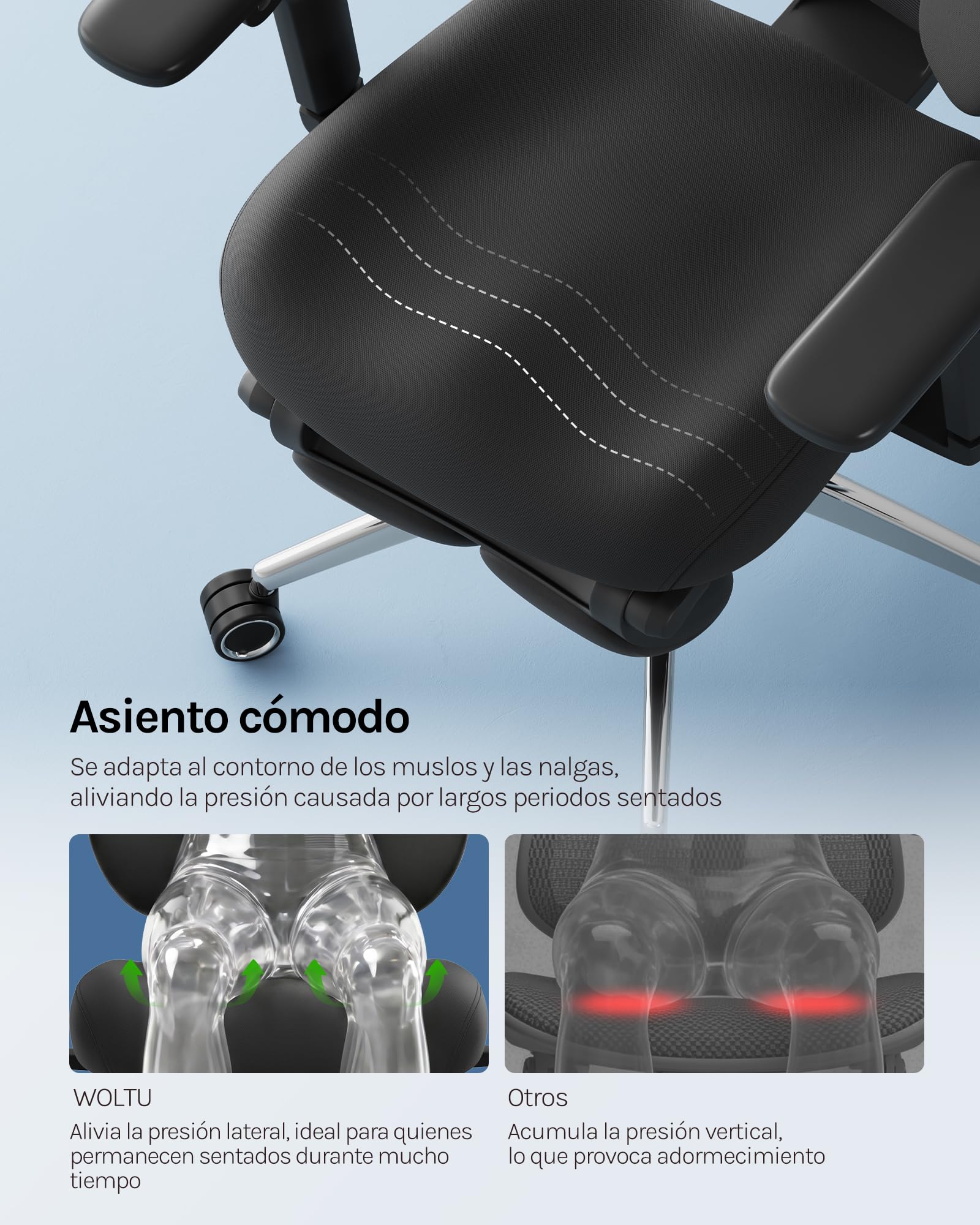 WOLTU Silla de Oficina Ergonómica, Silla Escritorio de Trabajo, Negro | Respaldo Inclinable y Reposapiés, Soporte Lumbar, Reposacabezas 3D, Reposabrazos 6D, en Estudio u Oficina
