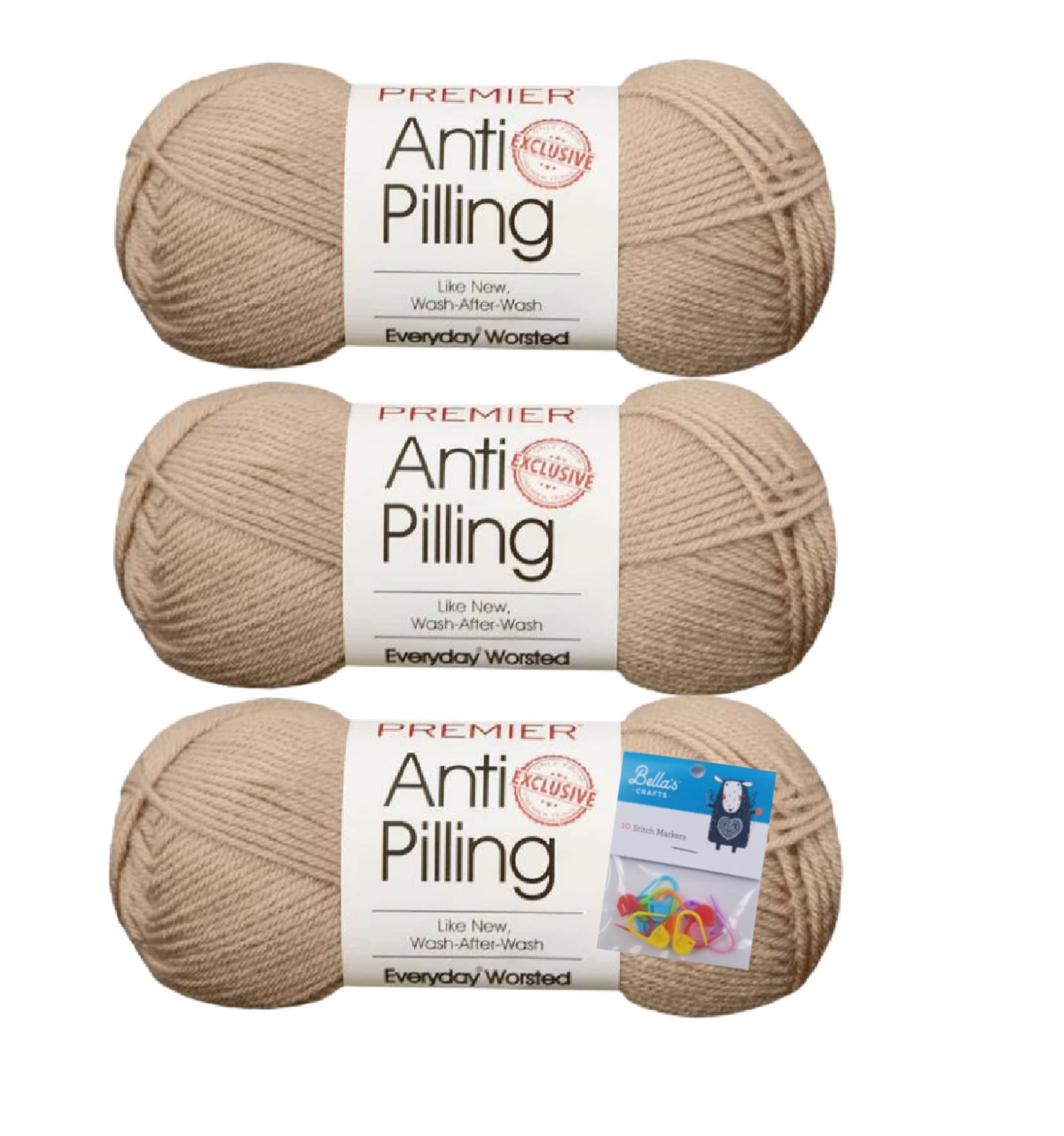Premier Yarns Everyday Soft Worsted Anti-Pilling Crochet Knitting Yarn 3.5 Oz Each Skein #4 Worsted Weight 3 Pack Bundle with Bella's Crafts Stitch Markers (Cappucino)