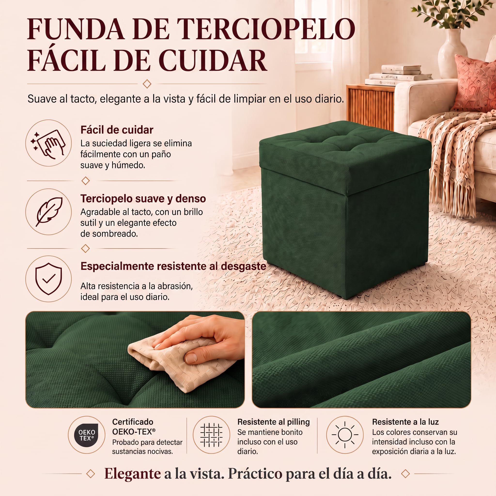 VELORA H&L Puf con Almacenaje 45 x 45 cm Verde Oscuro – Puf Tapizado en Tela con Compartimento Interior, Soporta hasta 150 kg, para Salón, Dormitorio y Recibidor
