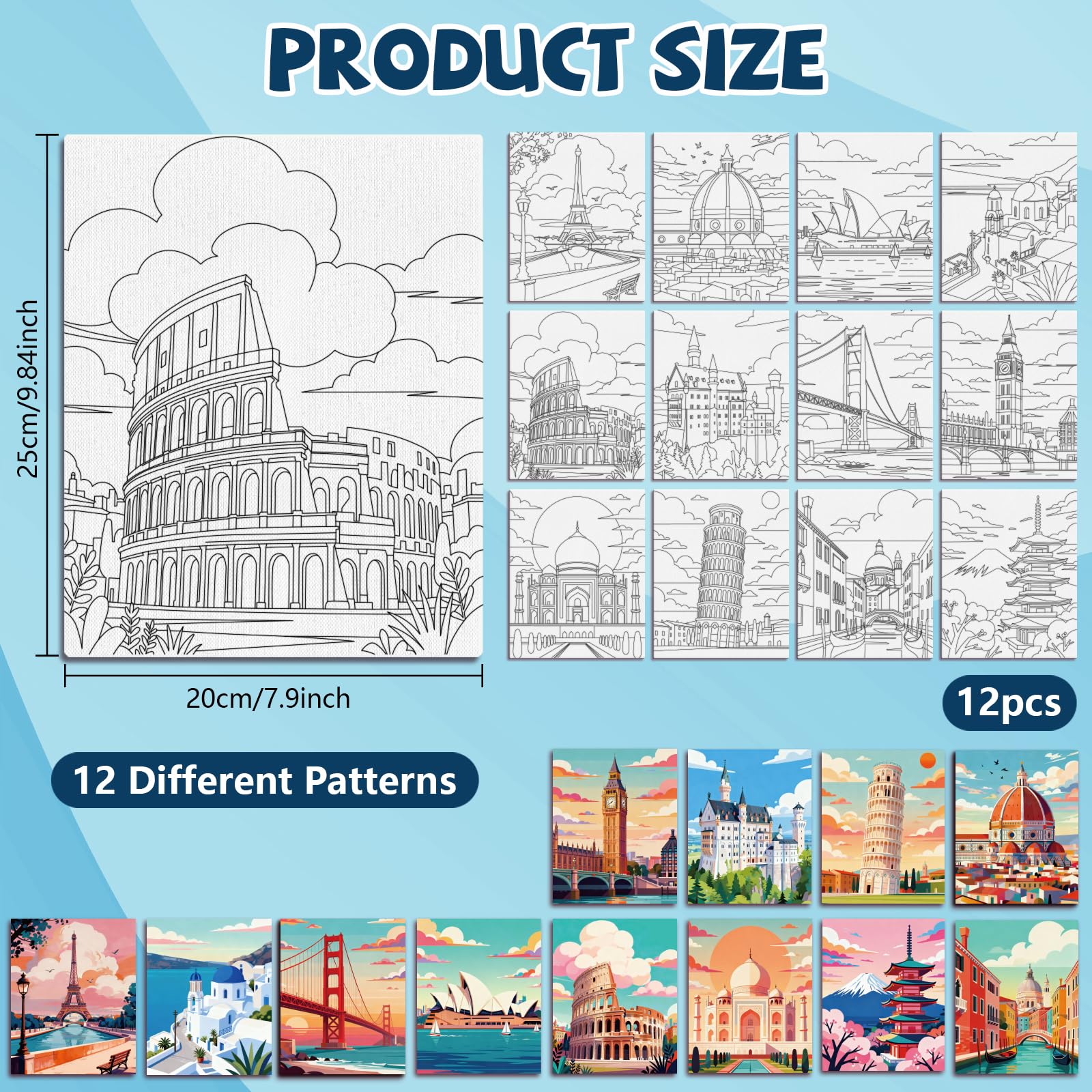 MAYJOYDIY 12 tele pre-disegnate per dipingere attrazioni turistiche, per adulti, 25 x 20 cm, fai da te, per principianti, studenti, regali per feste