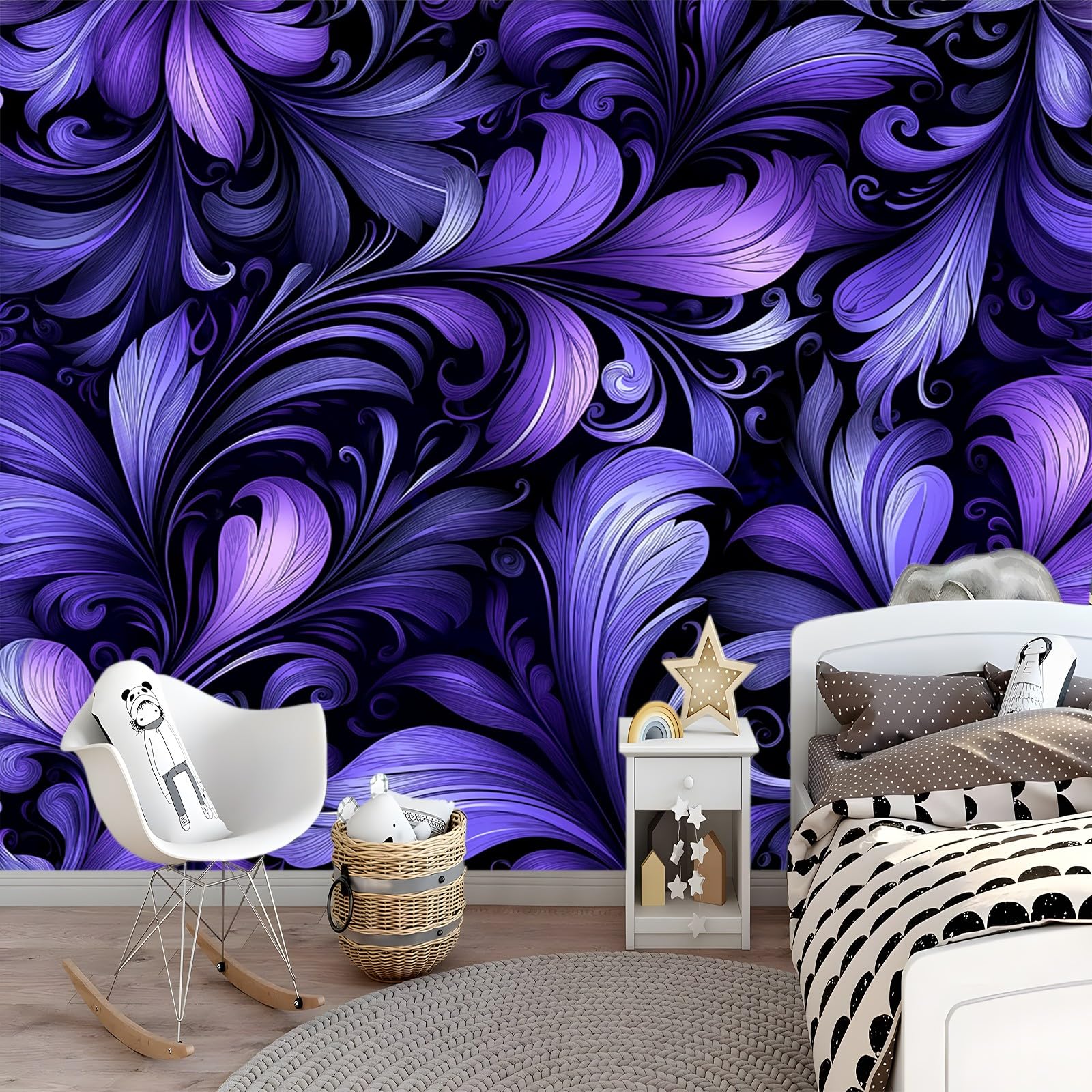 Tapeta abstrakcyjna Pióra Wzór Fioletowy Czarny 300 x 210 cm (szer. x wys.), Fototapety 3D Tapety Tapety Włóknina Dekoracja ścienna Nowoczesne Fototapety