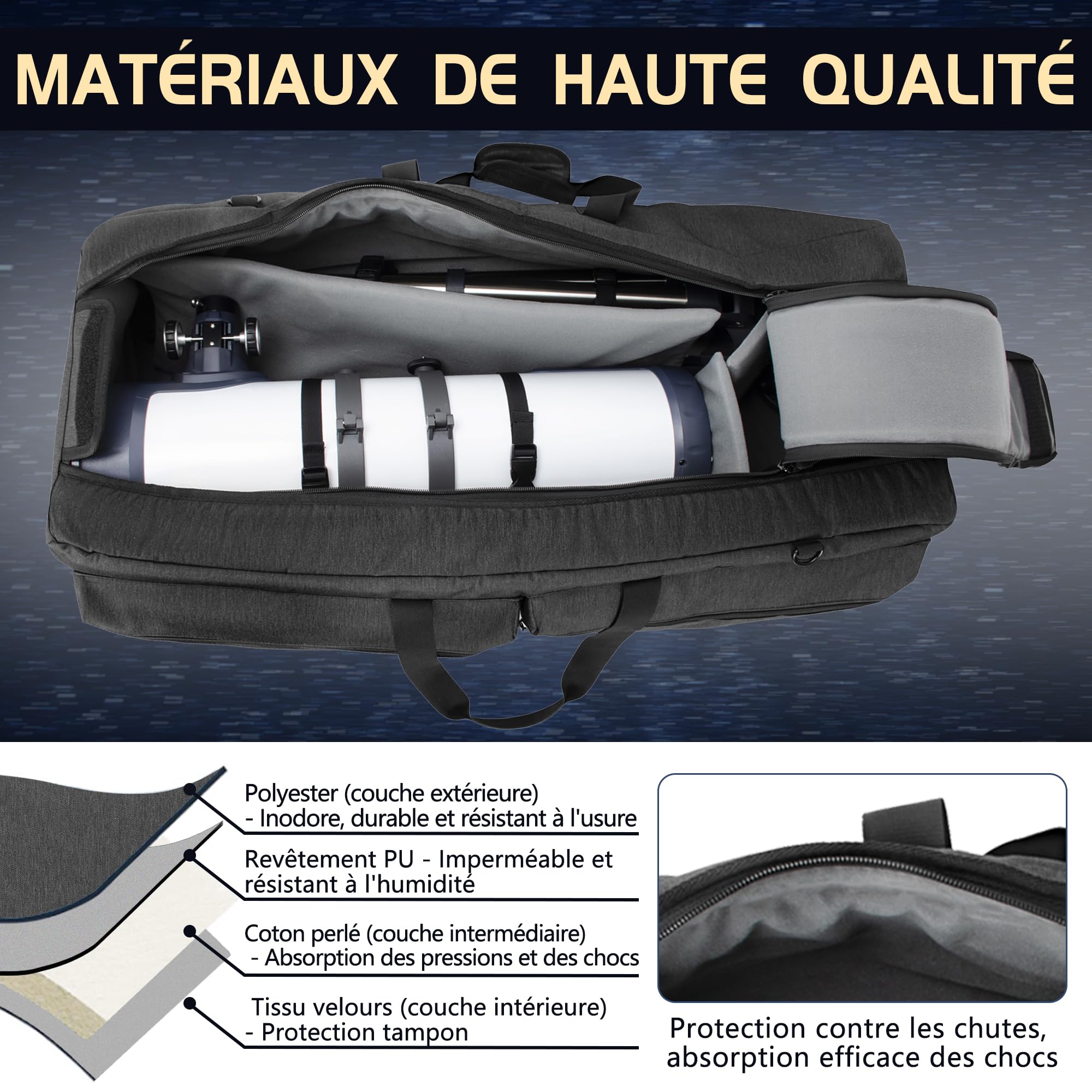 OUUTMEE 76CM Étui Rembourré pour Télescope, Sac de Transport pour Télescope avec Séparateurs Réglables et Poches pour télescopes, Montures, Trépieds et Accessoires (Noir)