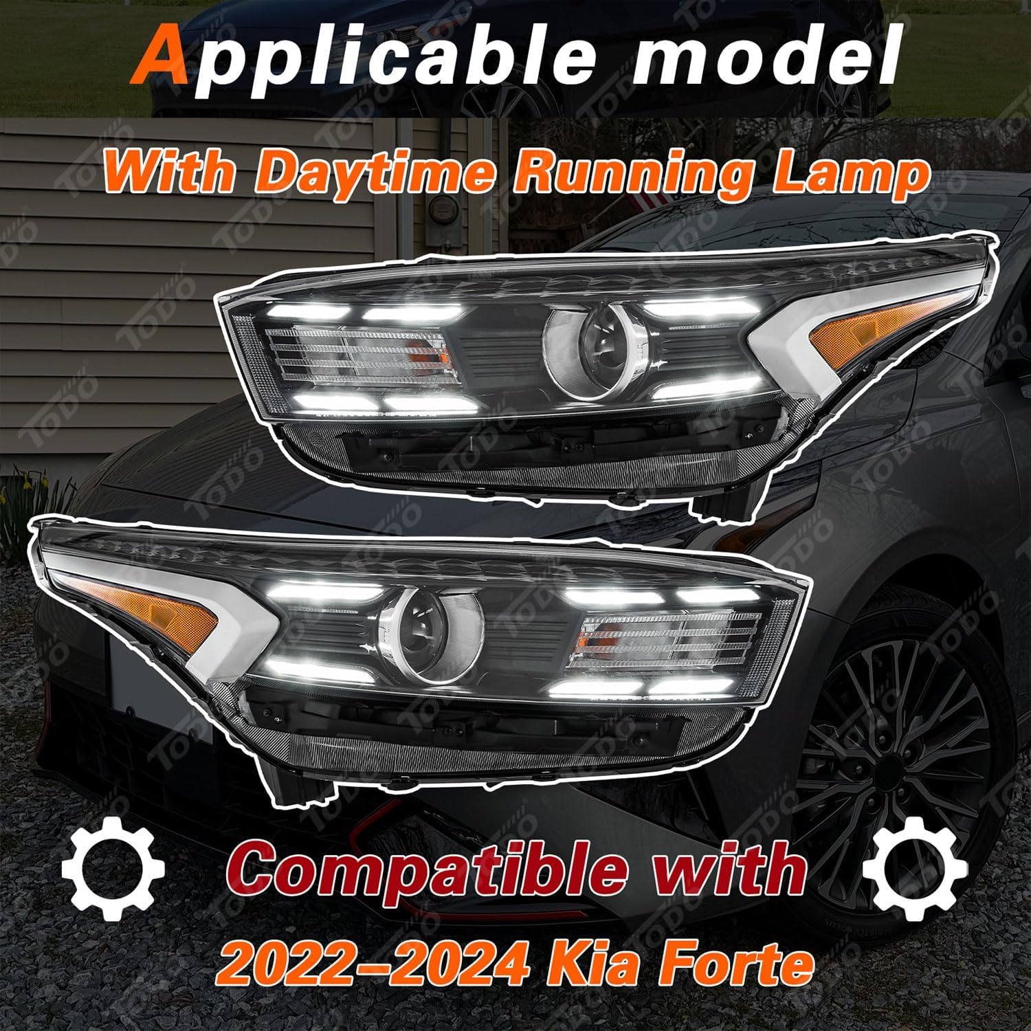 TODO Headlight Assembly Compatible with 2022 2023 2024 Kia Forte GT GT-Line, Premium Halogen Headlamp with LED DRL 92101-M7600, Left Driver Side