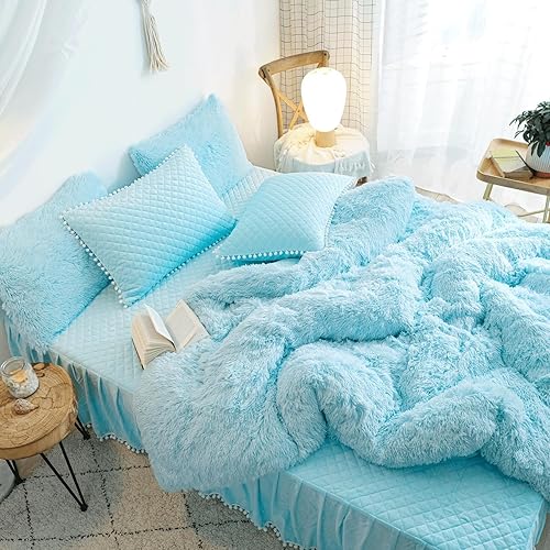 Miniatura 3 de Juego de funda de edredón azul esponjosa tamaño individual, juego de funda de edredón de piel sintética azul claro para cama individual de 2 piezas