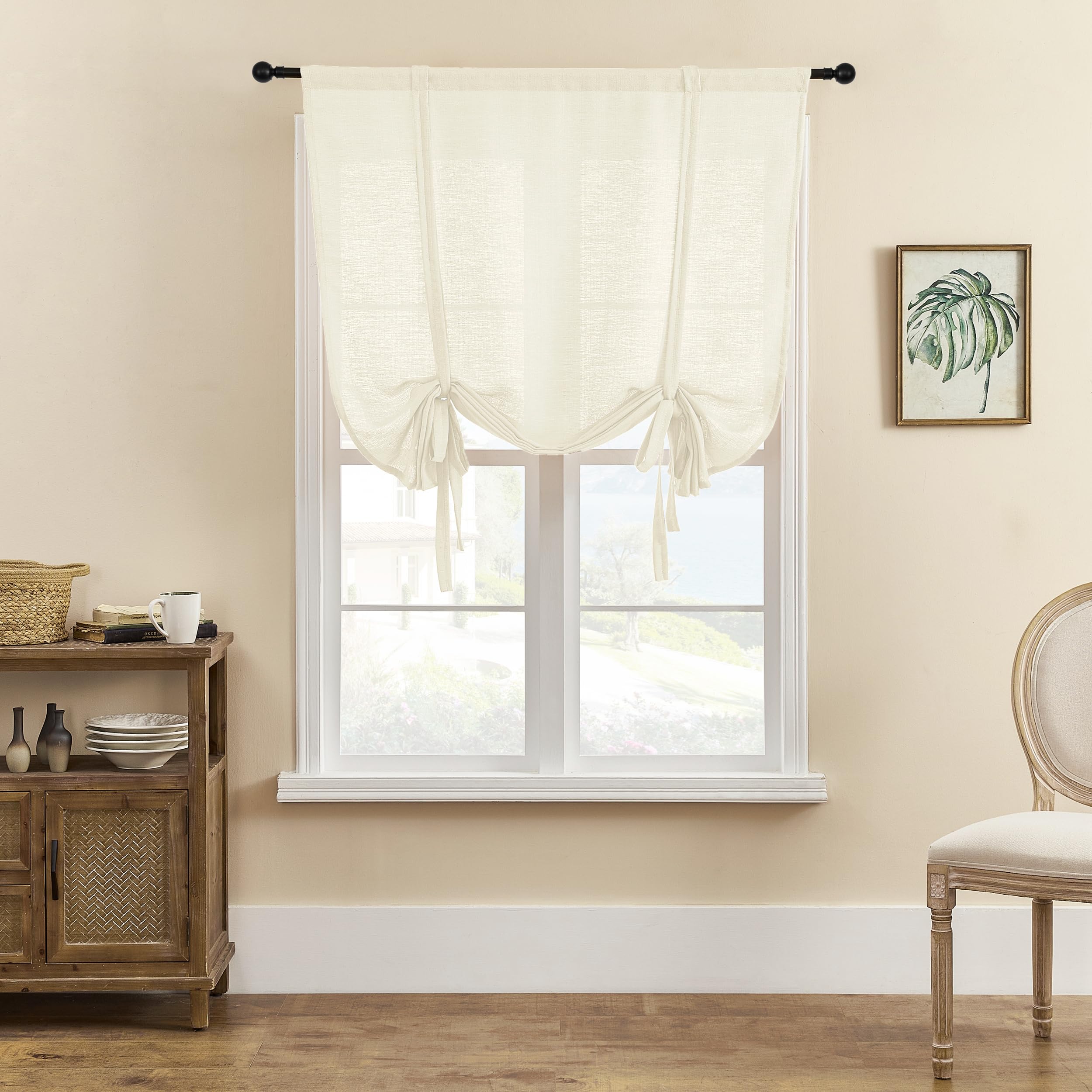 SIMPVALE 1 Piece Roman Blinds Tulle Tie Up Sheer Curtains with Rod Pocket Translucent Voile Curtain for Living Room Bedroom Balcony Kitchen Bathroom, Beige, 60x120cm