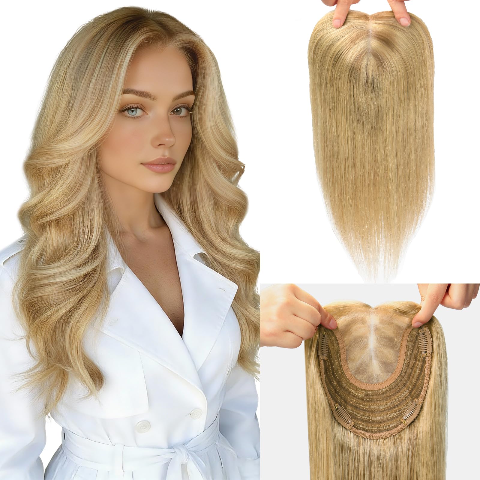 Hair Toppers for Women Real Human Hair 6x7inch 65g Toppers for Women with Thinning 14inch Balayage Ash Brown To Golden Blonde 360°3D Cover Gray Roots Add Volume (#10/27/27Toppers-14inch)