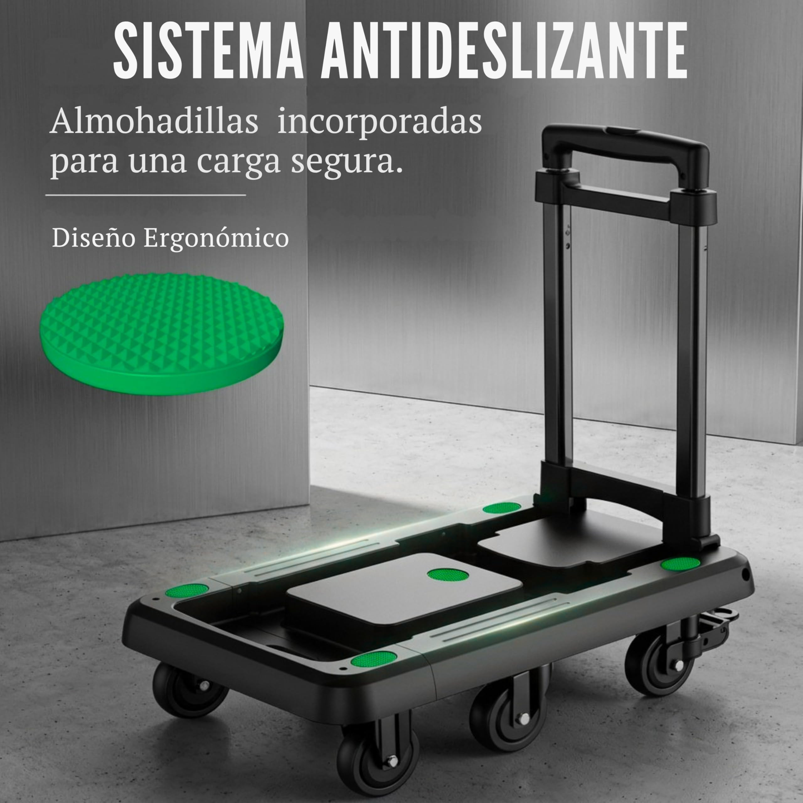 Carretilla Plegable hasta 100kg con 6 Ruedas de Goma con Freno, Carro de Transporte Plegable Extensible 60x30 cm, Mango Telescópico Ajustable, Plataforma Compacta para Mudanzas, Compras o Trabajo
