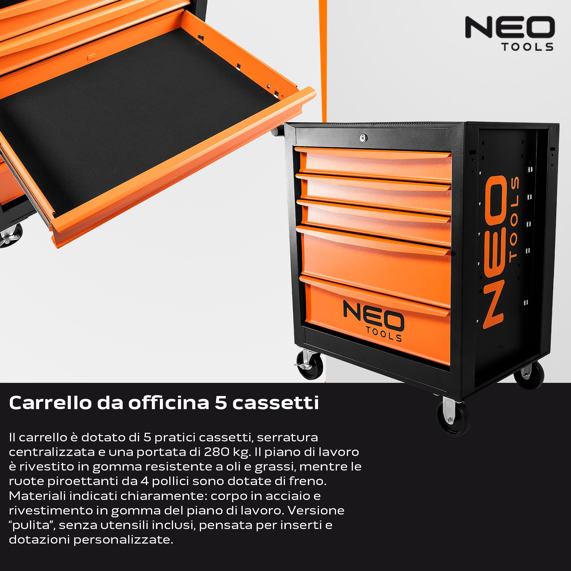 NEO TOOLS Carrello da officina con 5 scomparti – Cassetti con cuscinetti a sfera – Chiusura centralizzata – Tappetino antiscivolo – Ruote girevoli – con freno di stazionamento – Carrello portautensili