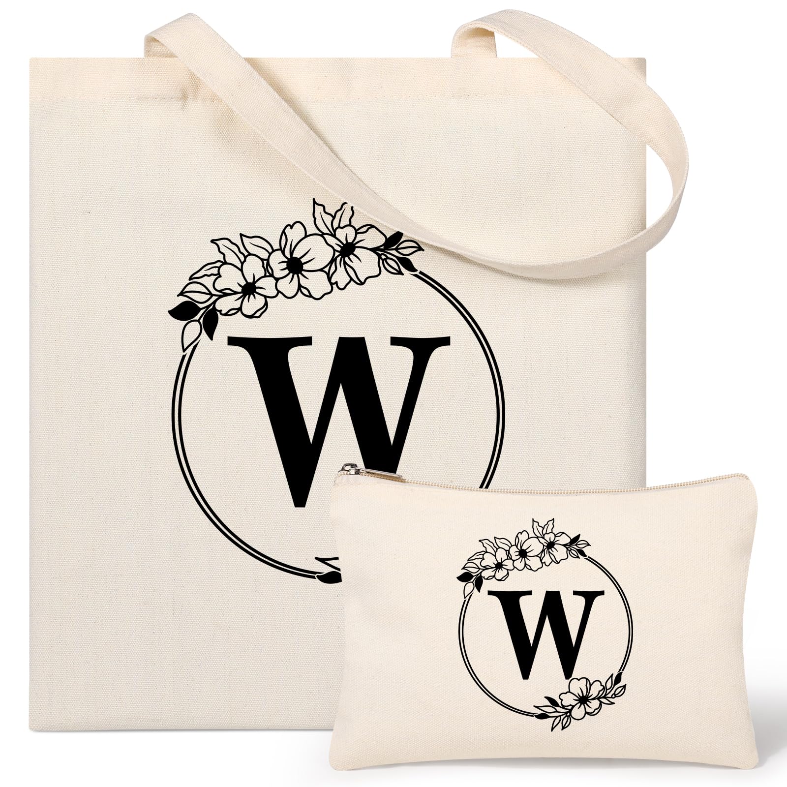 Tecanne Personalised Initial Canvas Tote Bag and Makeup Bag Set, 26 Letters Monogrammed Cotton Reusable Bags for Beach Travel Work School, Gift for Women Mum Teachers Nurses (W)