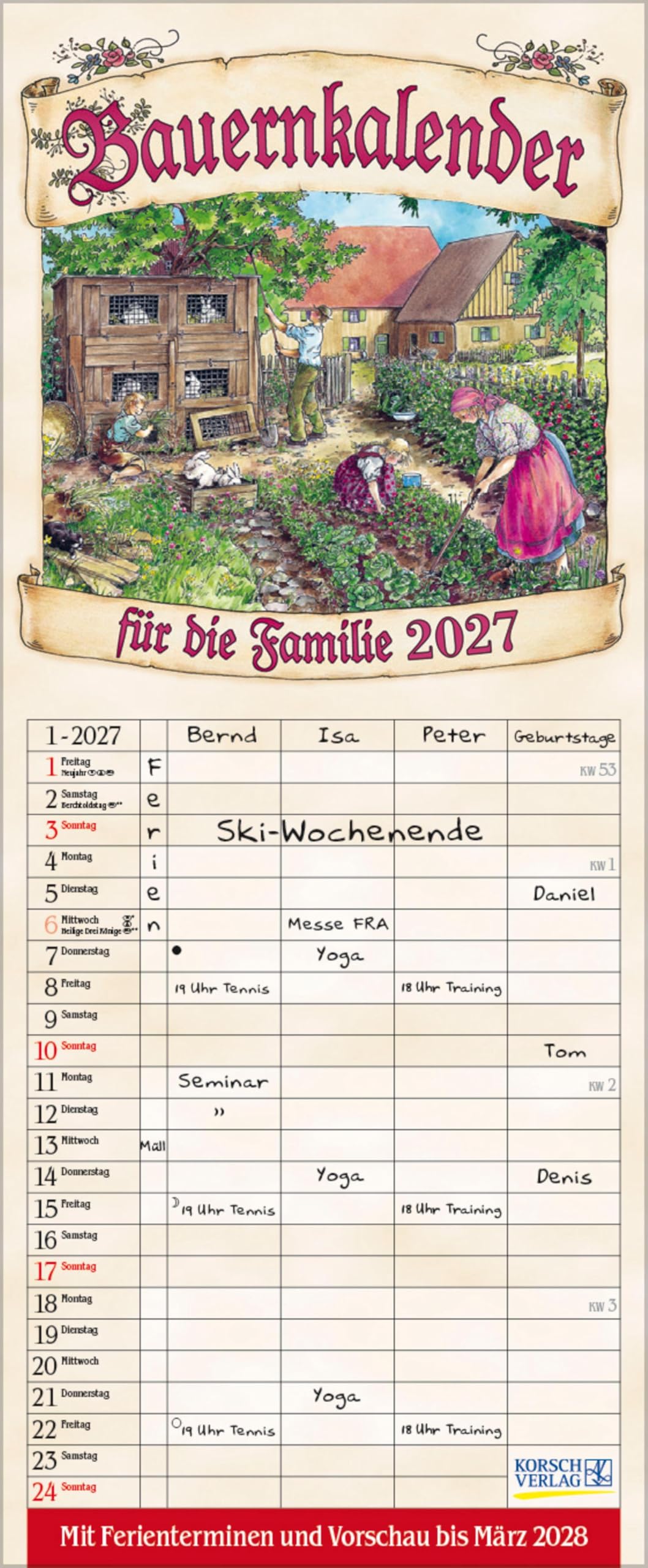 Korsch Verlag Bauernkalender Familienkalender 4-spaltig mit viel Platz, Ferientermine und Vorschau bis März 2027 – 19 x 46 cm