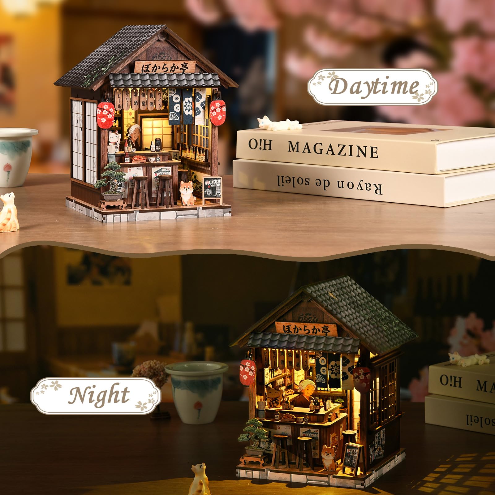 Book Nook Japan, Booknook Puppenhaus Modell，Dekoratives Bücherregal-Display & Wohndeko，3D-Holzpuzzles Buchecke, DIY-Miniaturhaus-Set（Yiran Izakaya）