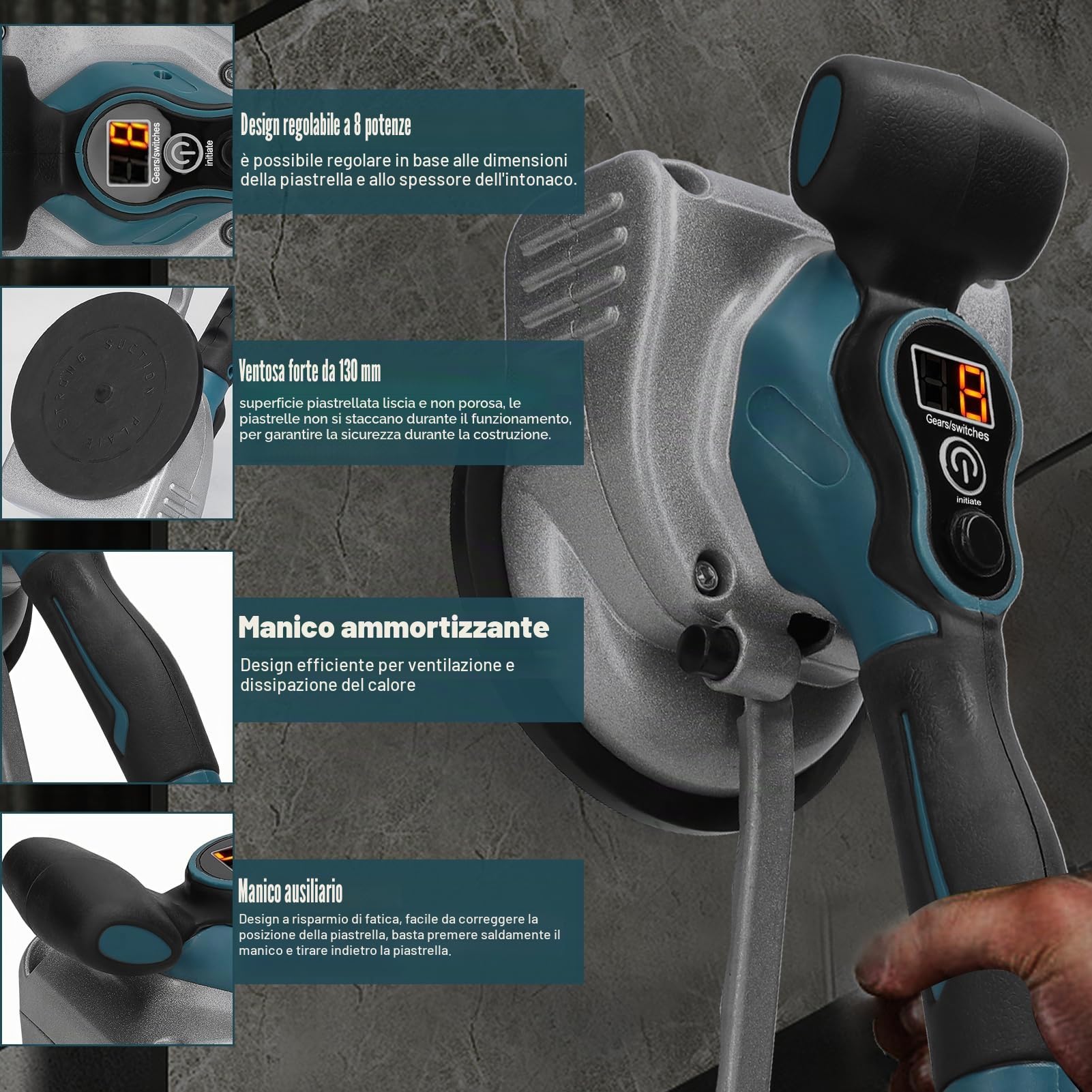 Piastrellatrice automatica per piastrelle da 21 V Capacità di carico elevata per la posa di piastrelle per pavimenti Strumento vibrante Livellatore per piastrelle portatile Ventosa allargata