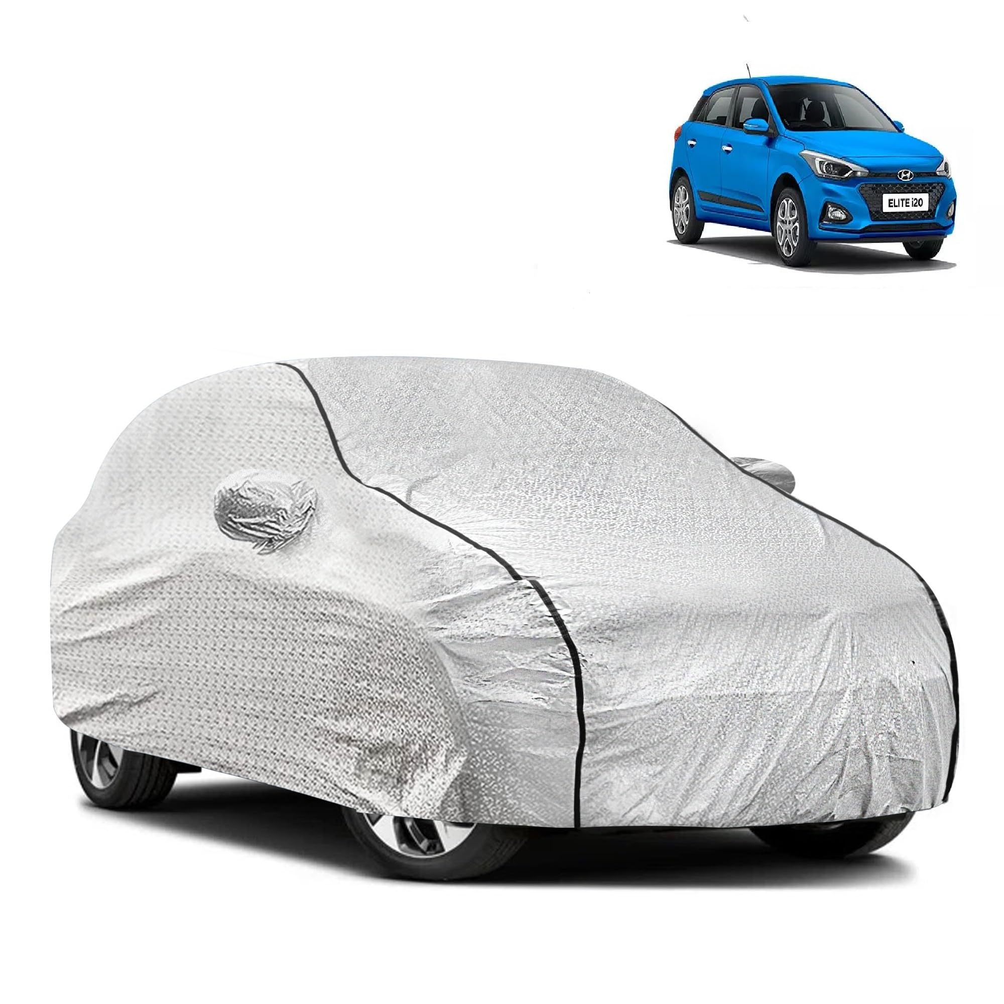 NG AUTO Front Waterproof Car Body Cover Compatible with Hyundai Elite i20 with Mirror and Antena Pocket and Soft Cotton Lining Inside (Fully Bottom Elastic) (Silver with Black Piping)