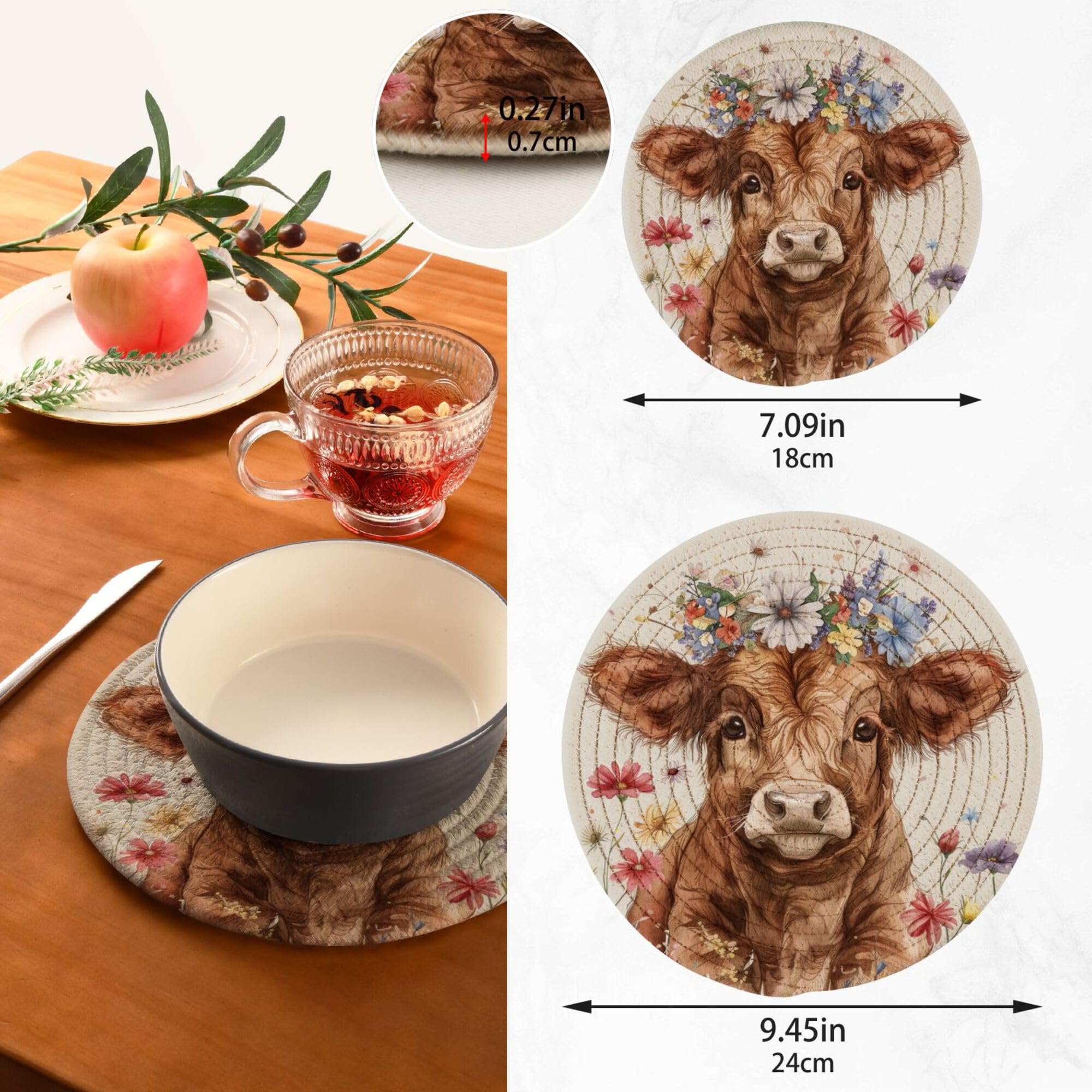 Highland Cartoon Cow-Calf Wearing Flowers Crown Trivets for Pots Heat Resistant Table Hot Mats 2Pcs Must Utensil Holder for Kitchen Accessories Counter