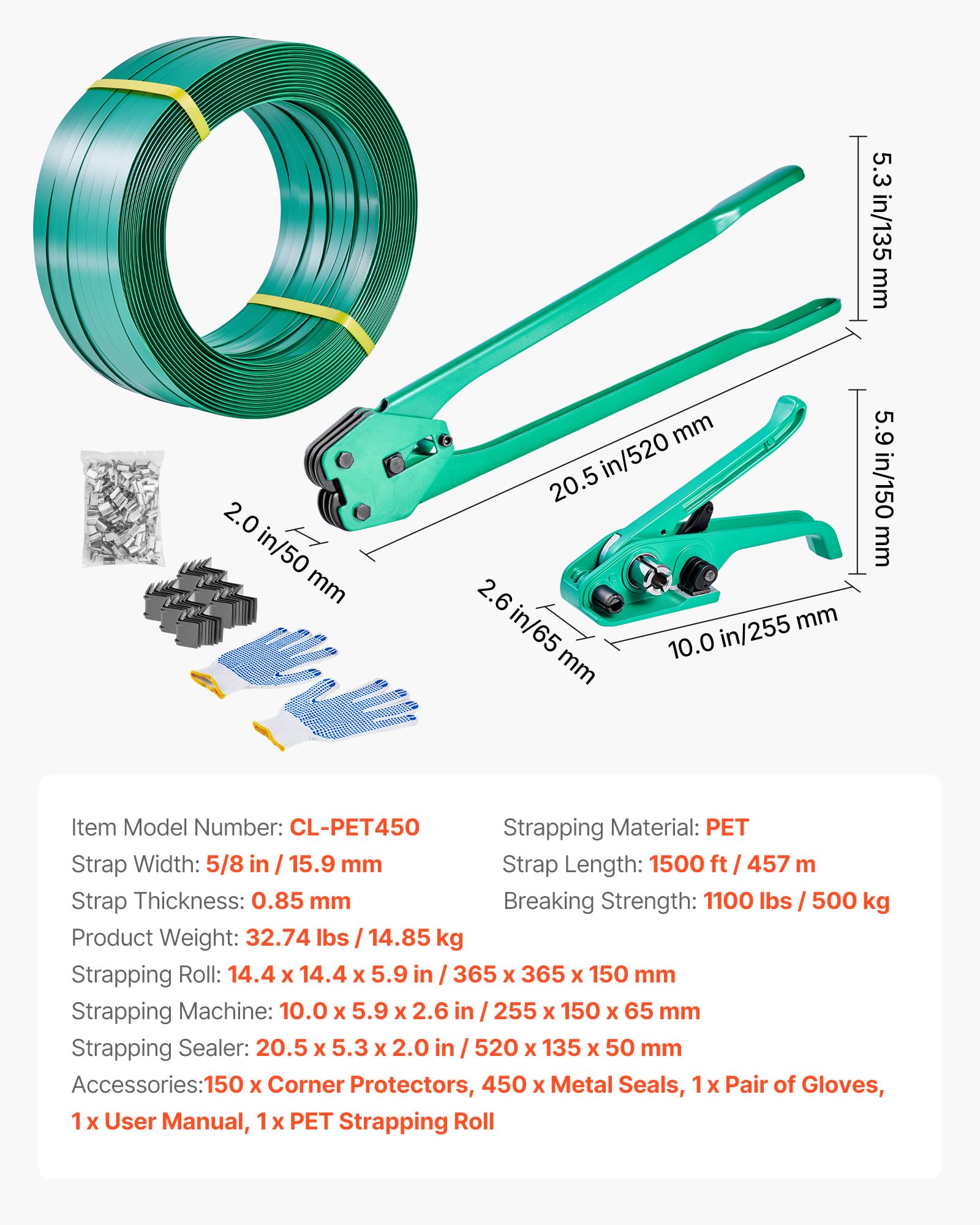 VEVOR Set di Reggiatura per Cinghie Plastiche, Rotolo di Reggetta in PET da 457 m, Kit di Reggiatrice Manuale per Spedizione Pallet Trasloco con 450 Sigilli Metallici, 150 Protezioni Angolari e Guanti
