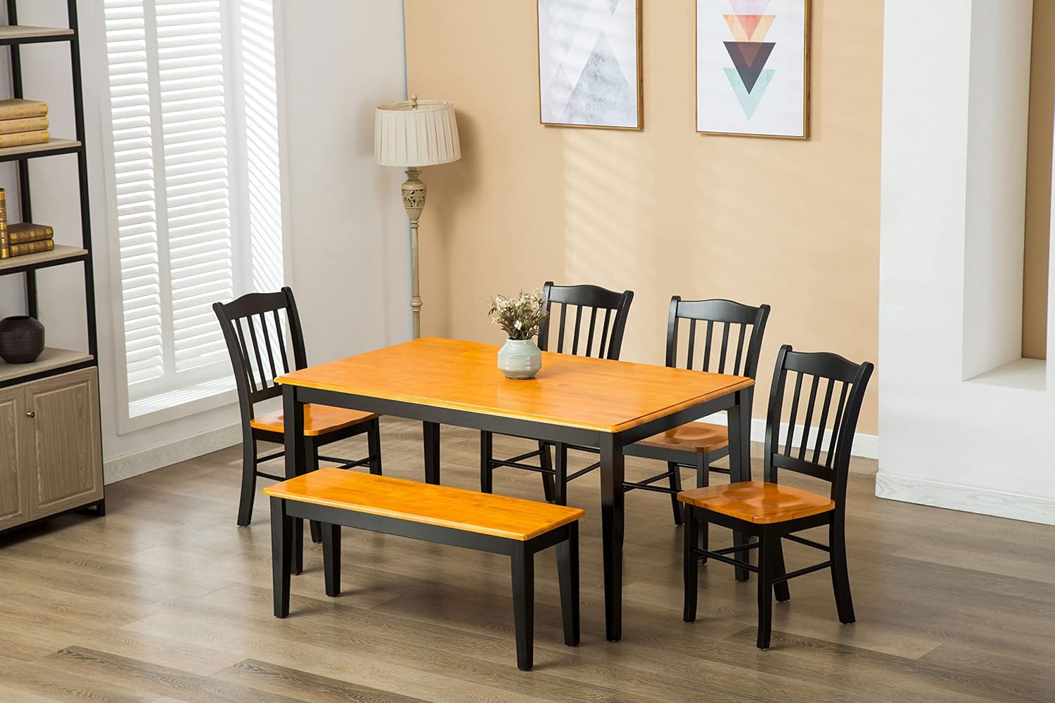Black and Oak Solid Wood Dining Bench