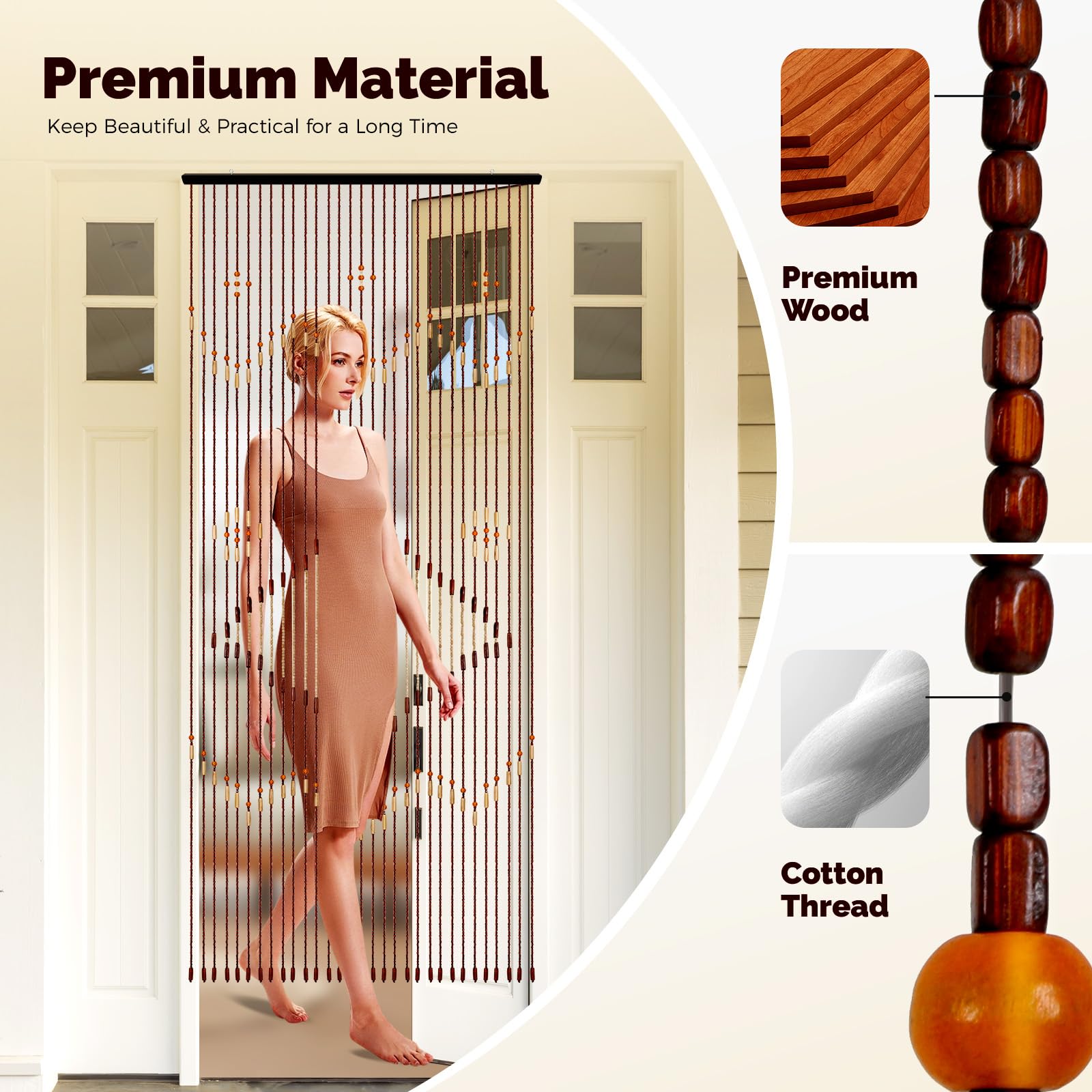 Deko Rideau de porte à perles en bois - 90 x 208 cm - Rideau de perles en bois - Rideau naturel à perles en bois - Rideau à fils - Anti-insectes - Rideau de perles en bois