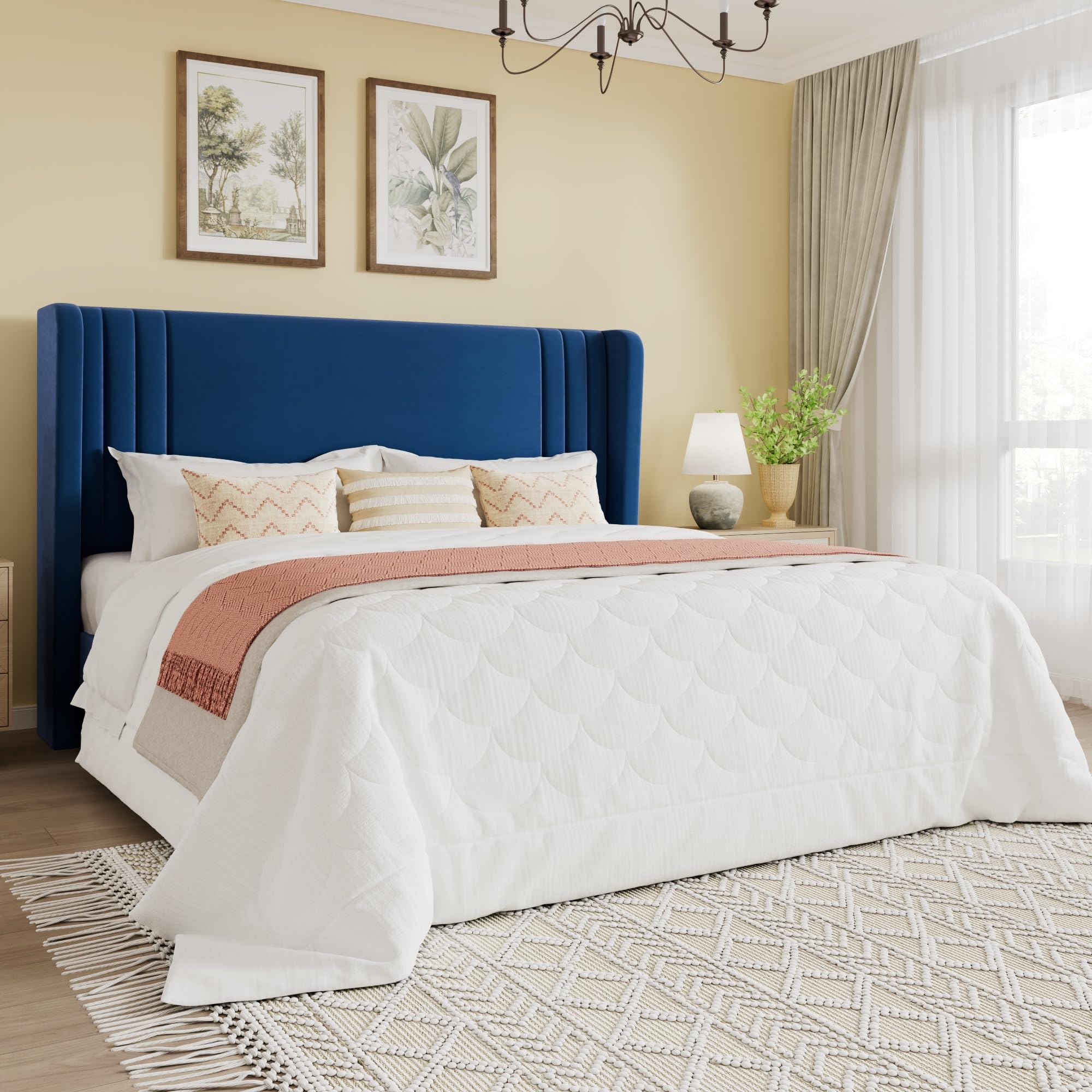 SHA CERLIN Full Size Velvet Upholstered Platform Bed Frame with Vertical Channel Tufted Wingback Headboard, Wooden Slats Support, Easy Assembly, Under