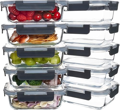 Paquete de 10 recipientes de vidrio de almacenamiento de alimentos de 22 onzas con tapas, recipientes de preparación de comidas, recipientes