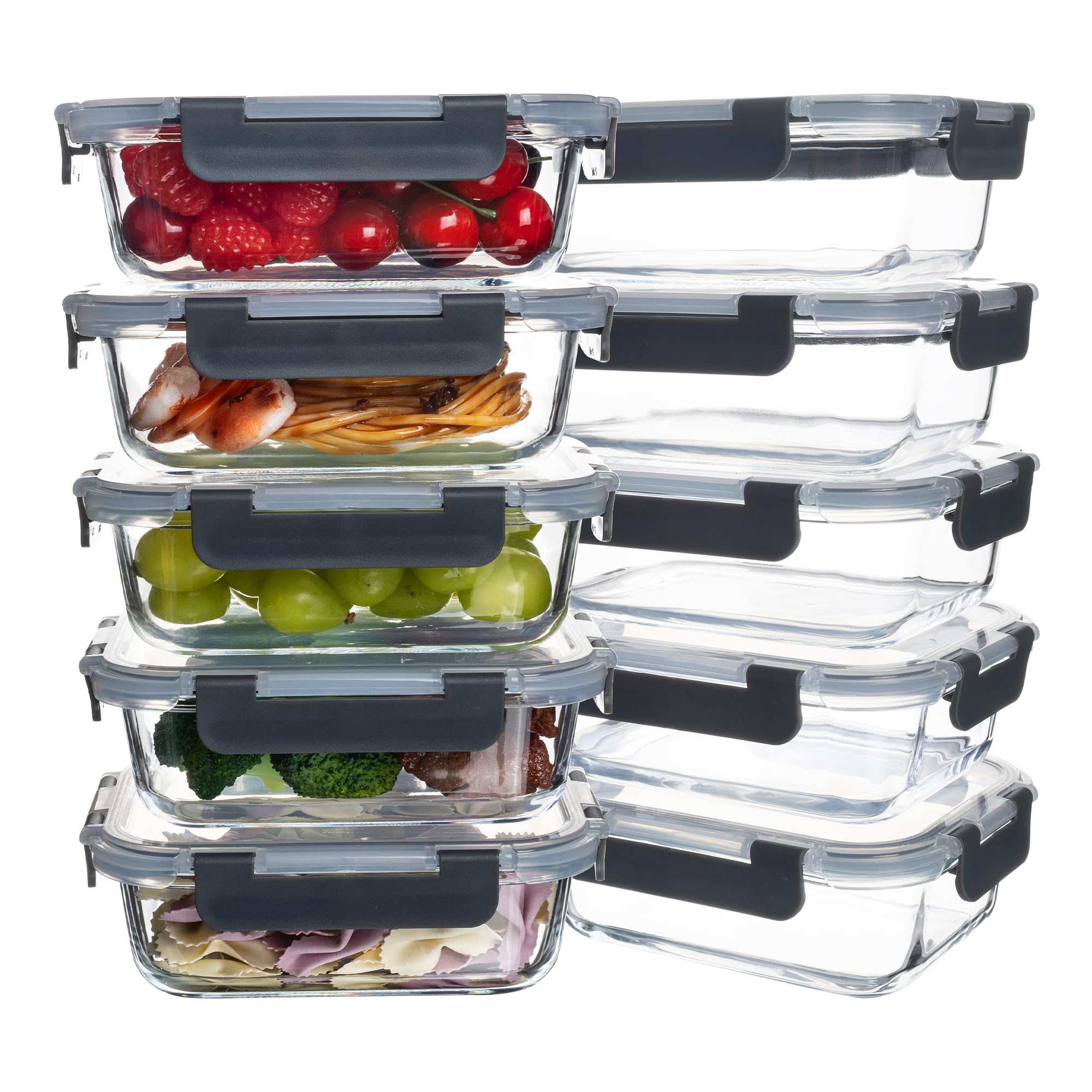 10 Stück 625 ml Glasbehälter für Mahlzeiten, Frischhaltedosen mit Deckel | Luftdichte, auslaufsichere Lunchbehälter für Küche, Gefrierschrank, Mikrowelle, spülmaschinenfest (Grau)