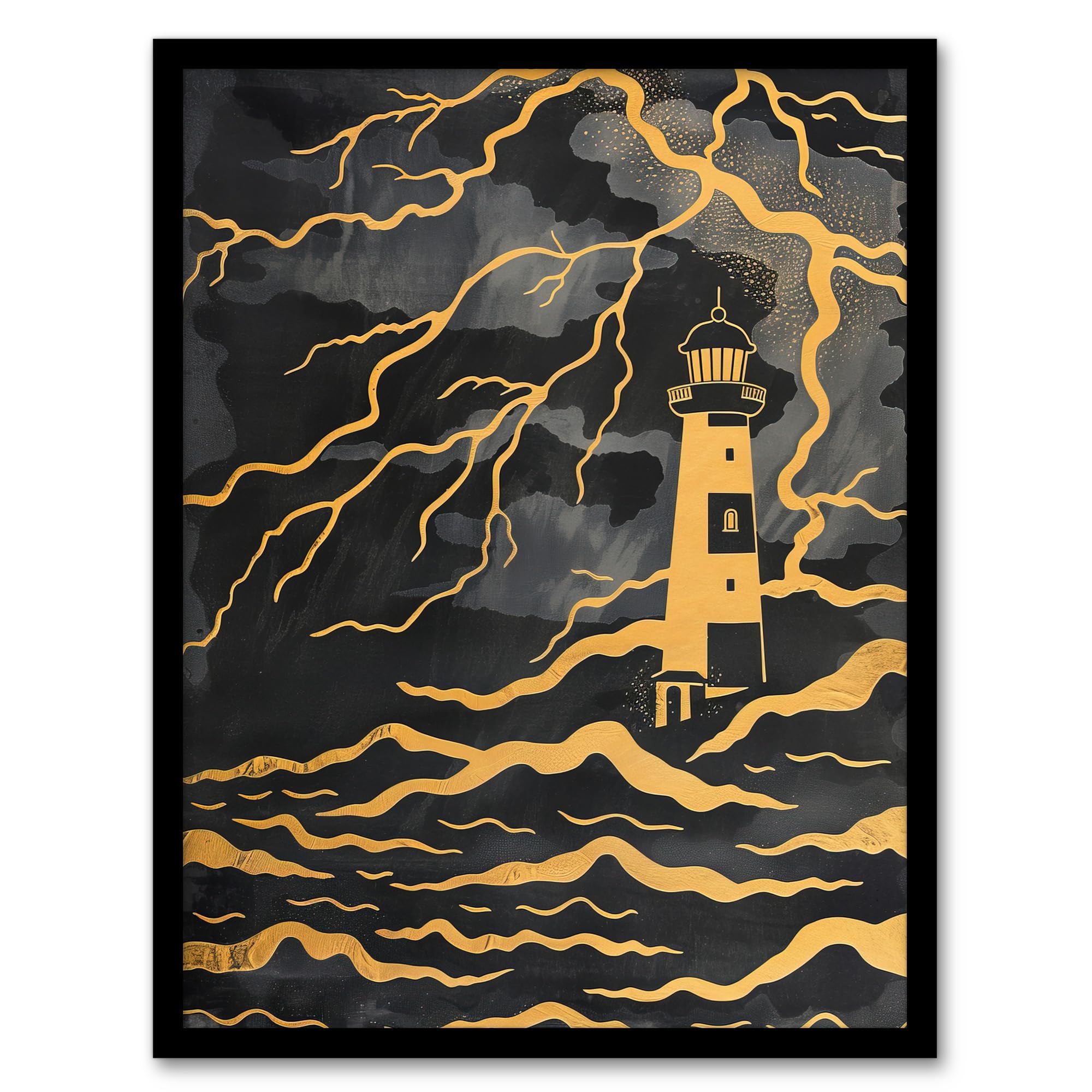 Artery8 Lighthouse Lightning Storm Gold Contrast Painting Bathroom Toilet Artwork Framed Wall Art Print 18X24 Inch
