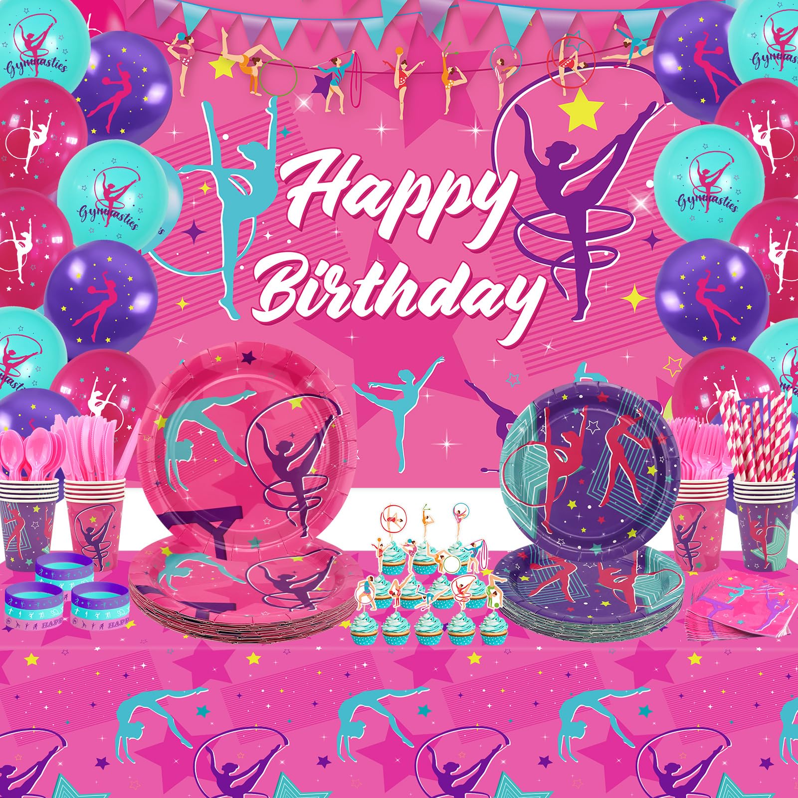 Gymnastics Birthday Party Supplies - Decorations for Little Dance Gymnasts Including Happy Birthday Backdrop, Tableware, Tablecloth and Balloons,