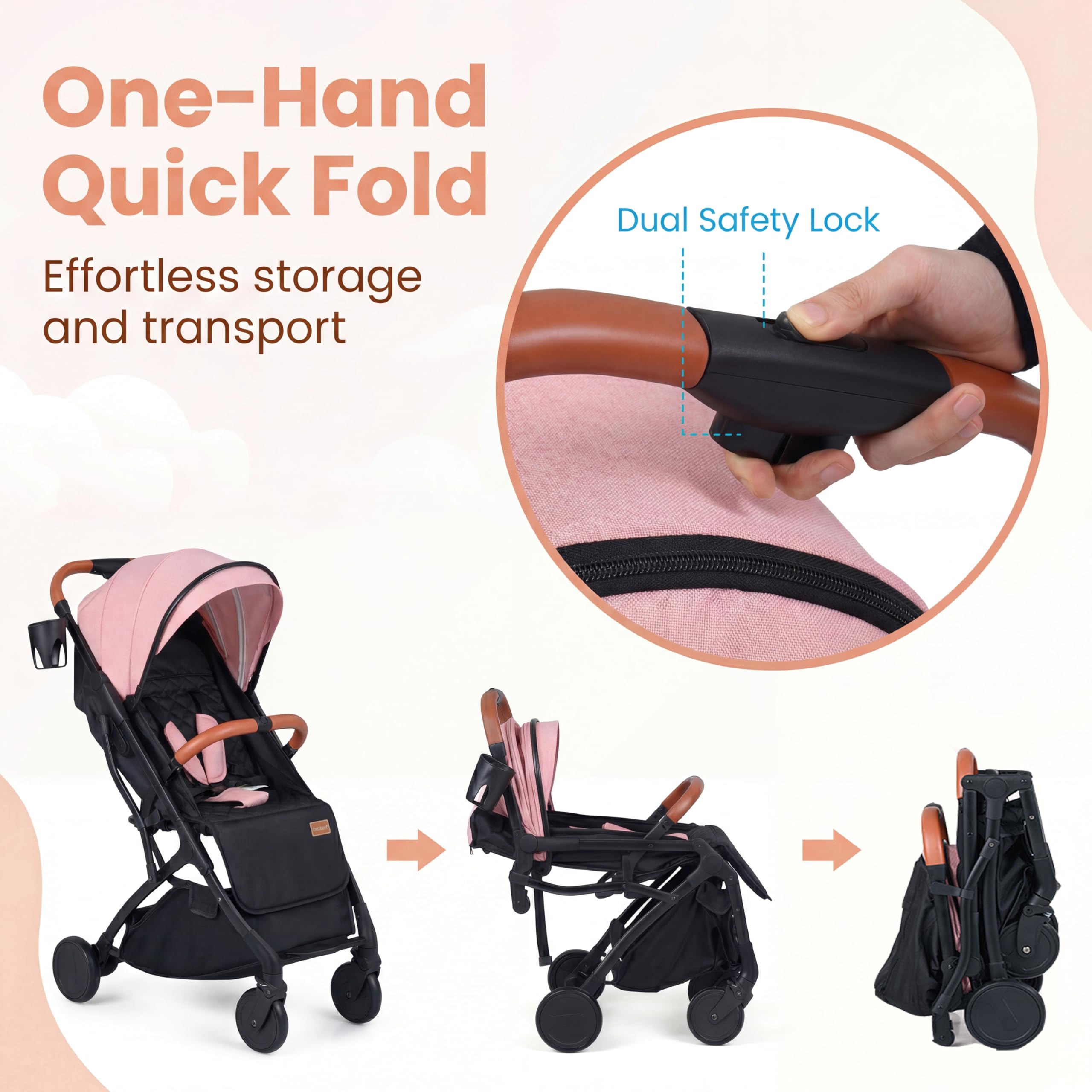 GIANTEX Silla de Paseo Ligera, Carrito Bebé Plegable con una Mano, Respaldo y Reposapiés Ajustables, Capota Extensible, Cubierta Impermeable, Cesta y Portavasos, Cochecito Bebé Compacto (Rosa)