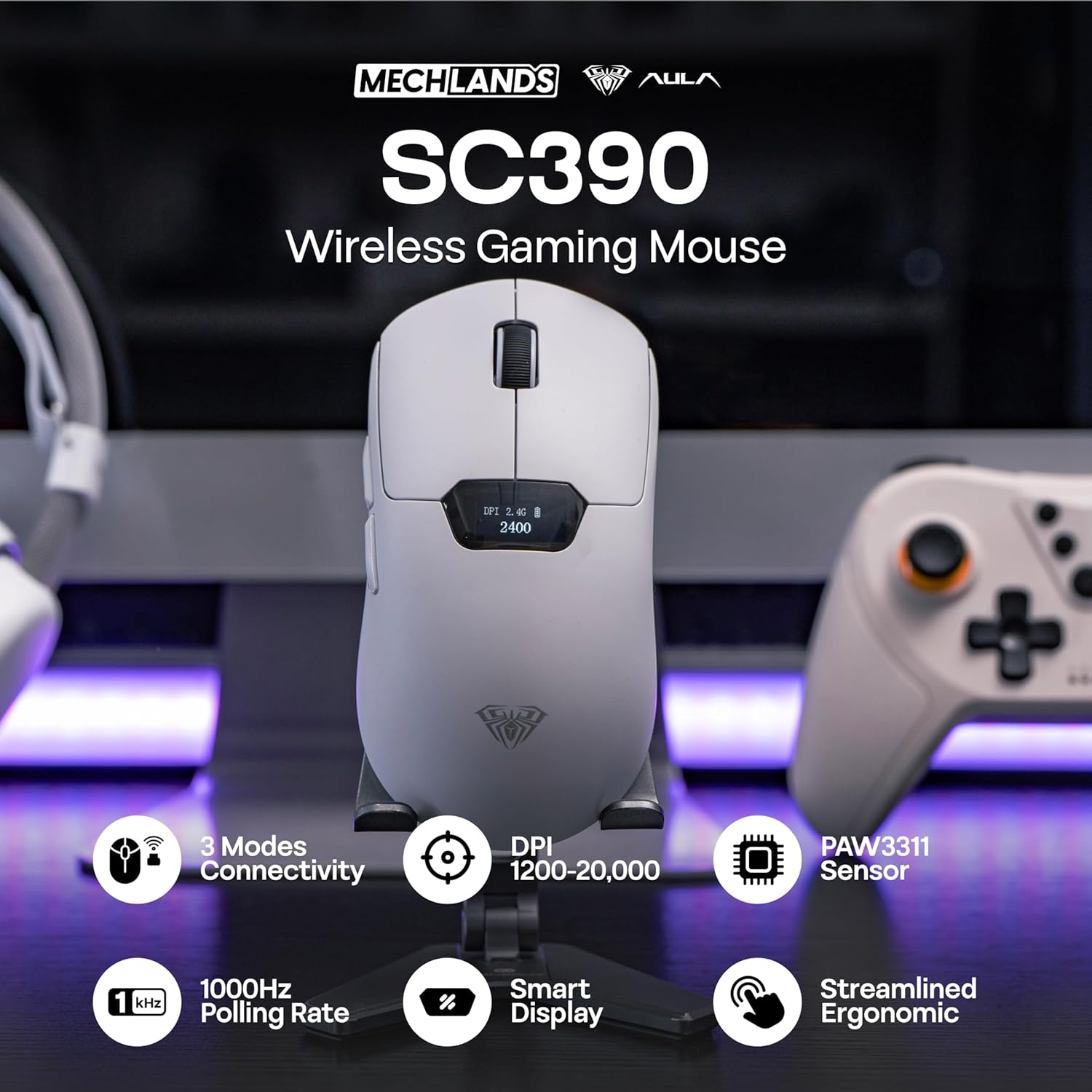 MechLands Aula SC390 Lightweight Gaming Mouse with Display Screen, 2.4G/USB-C/BT Wireless Mouse with 400mAh Battery, Adjustable 20,000 DPI & 1000 Polling Rate, PAW3311 Sensor, for Win/Mac (White)