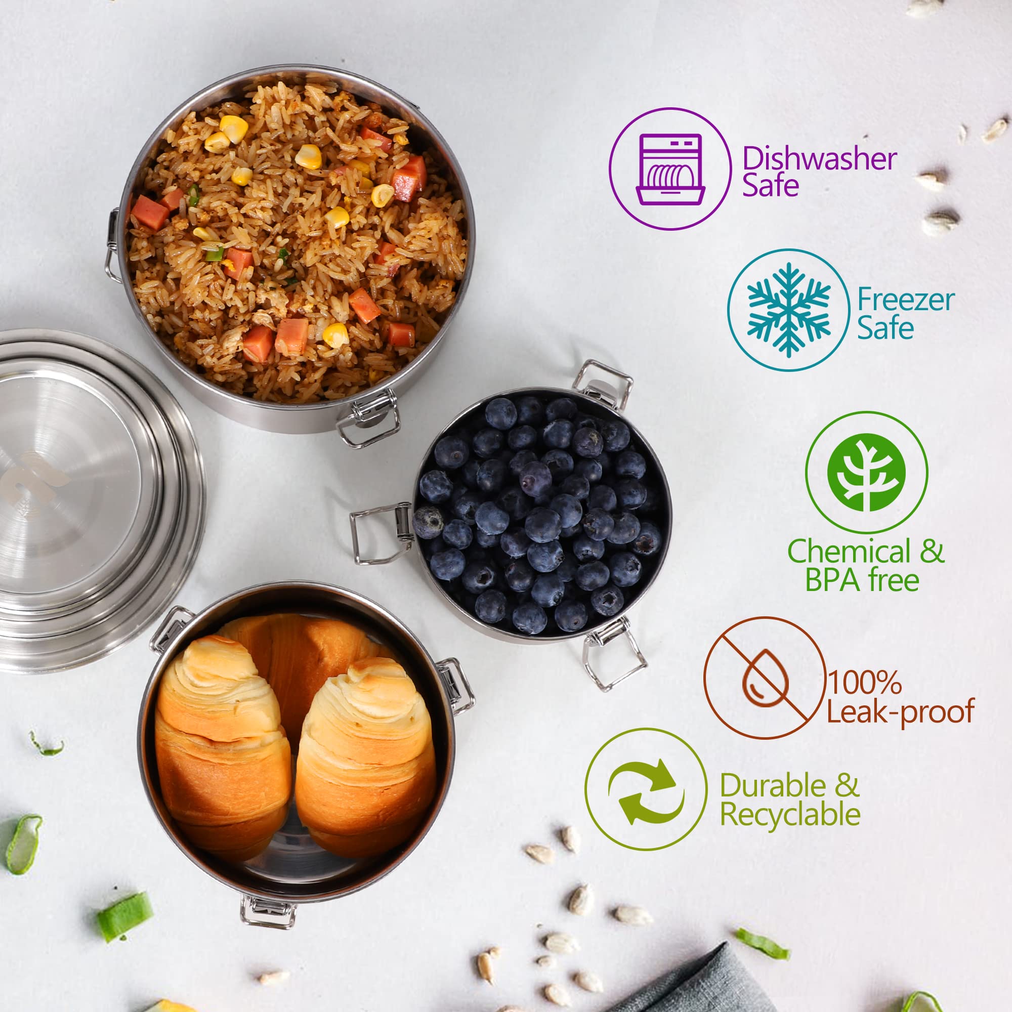 nicelock Fiambrera con separación (3 unidades) para adultos y niños, fiambrera de acero inoxidable, adecuada para aperitivos, frutas, cereales, sopas y comidas principales, etc.